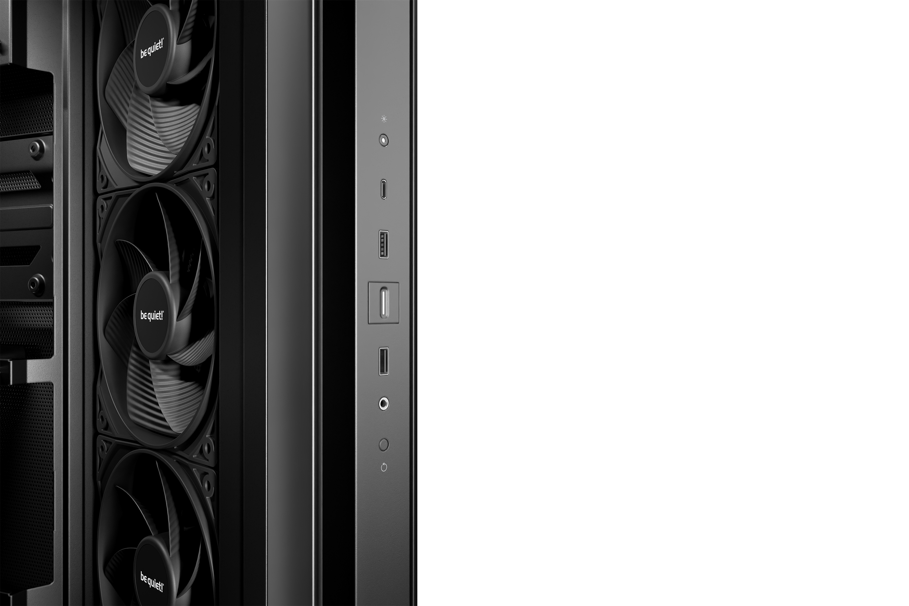 Schwarzes Computergehäuse mit Lüftern, Ein-/Aus-Taste, USB-Anschlüssen und Audioanschlüssen. Be Quiet!-Logo sichtbar.