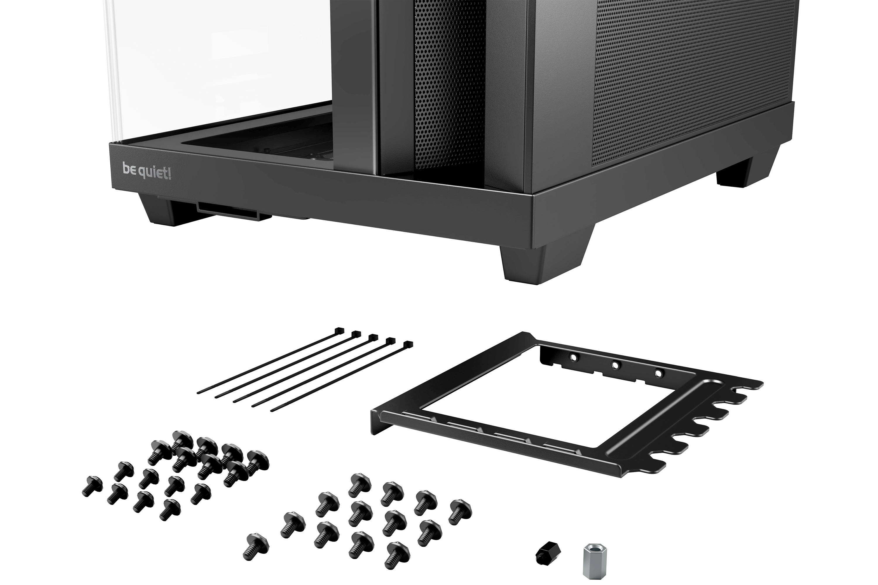 Schwarzes Computergehäuse mit Komponenten. Enthält Schrauben, Kabelbinder und eine Halterung. Weißer Hintergrund.