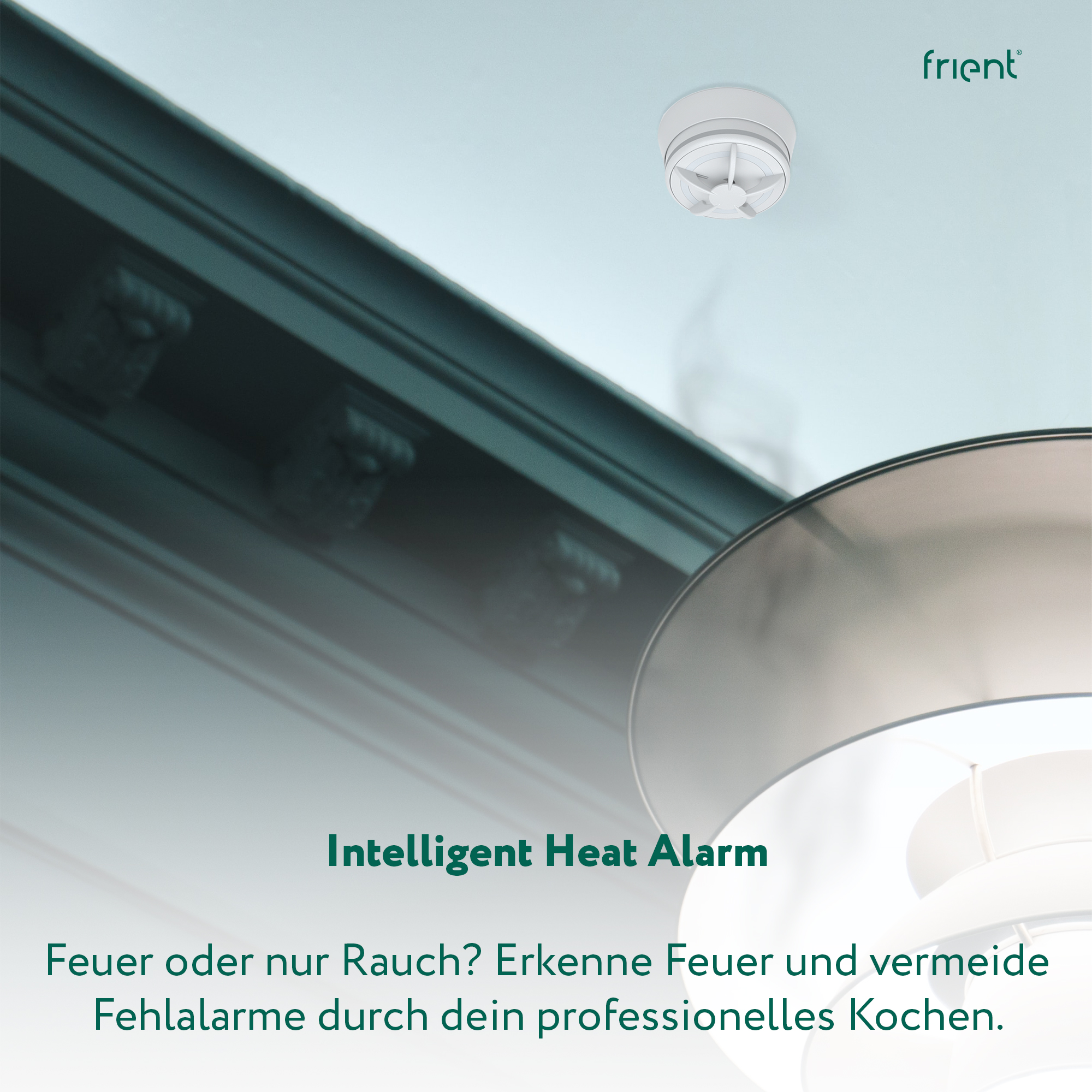Ein weißer Rauchmelder ist an der Decke montiert. Text lautet: 'Intelligenter Wärmealarm' und deutscher Text darunter.