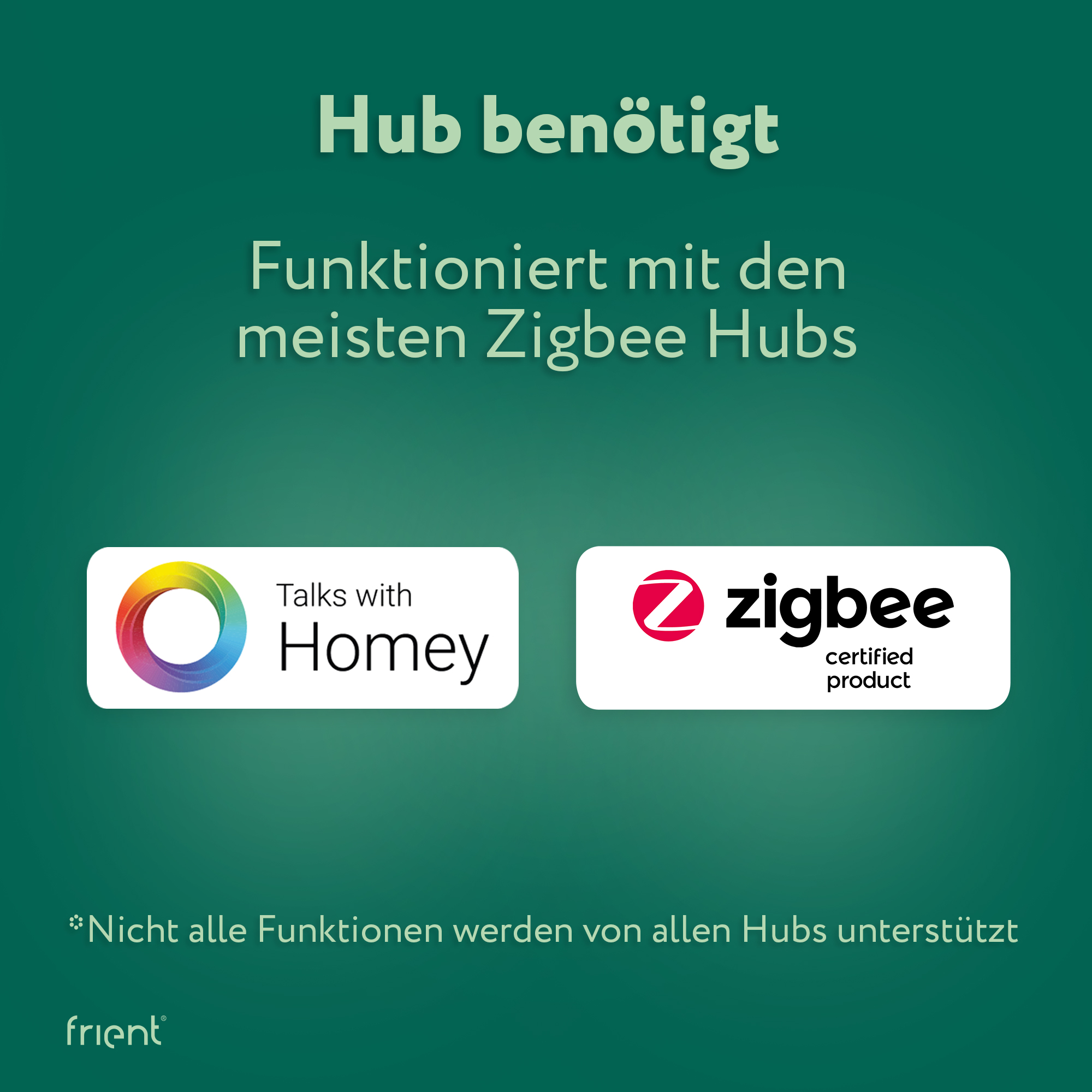 Grüner Hintergrund mit Text: Hub benötigt, Funktioniert mit den meisten Zigbee Hubs. Logos von Homey und Zigbee.