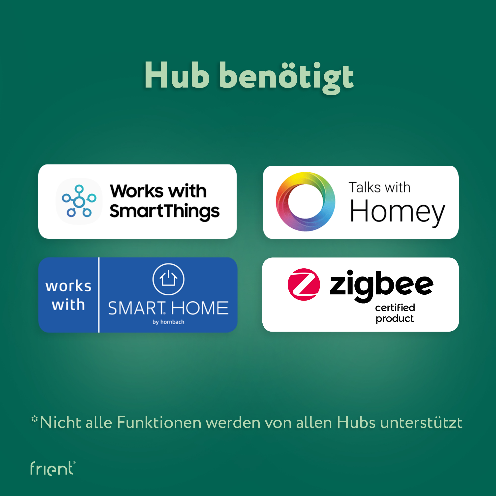 Das Bild zeigt Logos: Works with SmartThings, Talks with Homey, Smart Home by hornbach und Zigbee zertifiziertes Produkt.