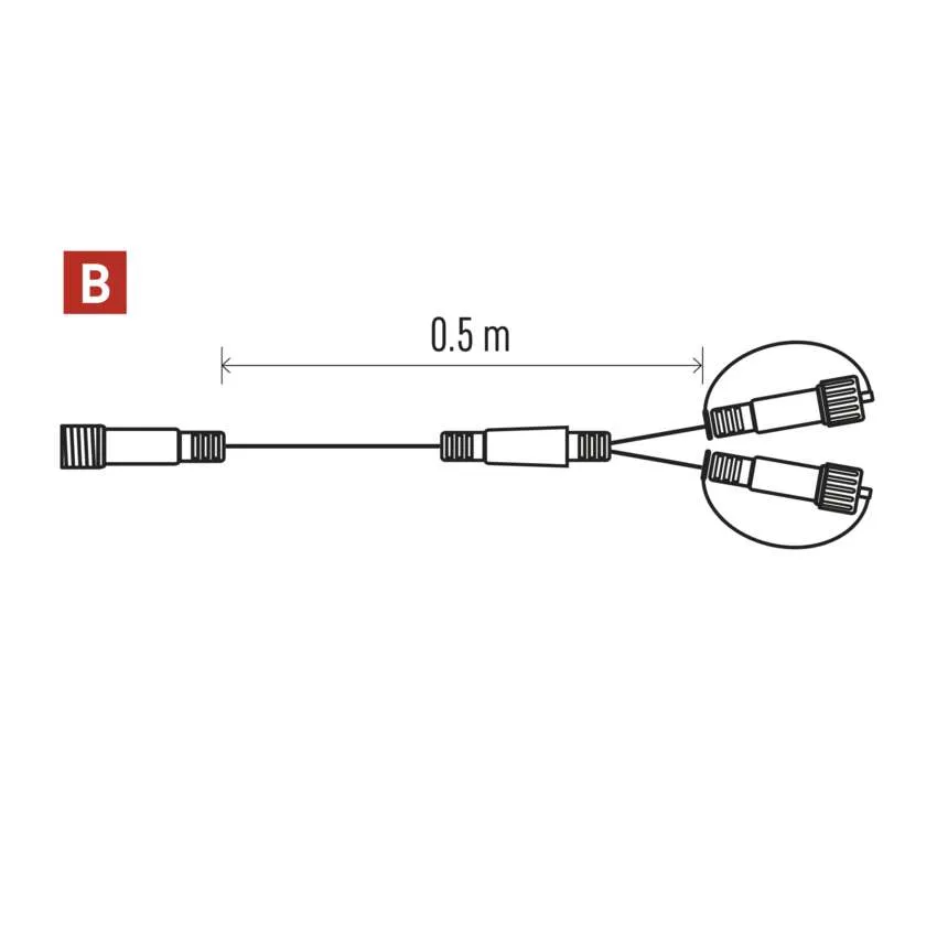 Fekete kábel diagramja, amely három csatlakozóra oszlik. A kábel felett egy 0,5 m-es méretarány, a bal felső sarokban pedig egy 'B' betű látható.