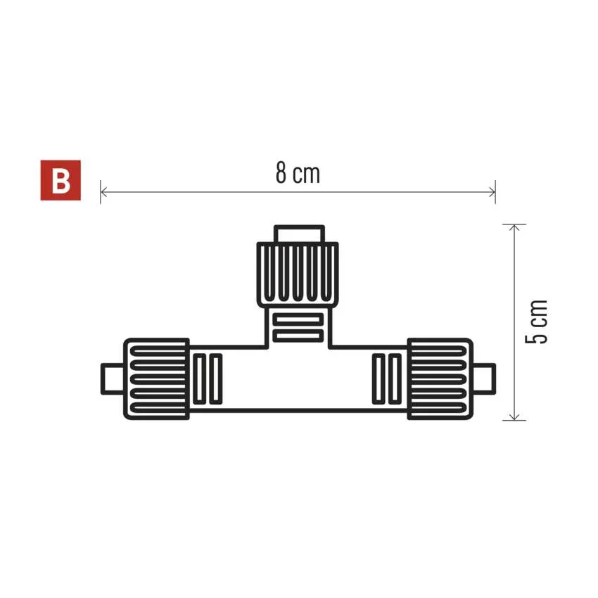 T-alakú csatlakozó diagramja. 8 cm széles és 5 cm magas. Méretek és egy 'B' felirat látható.