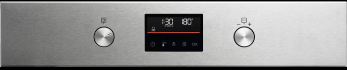 Edelstahl-Ofen-Bedienfeld mit Digitalanzeige für Zeit und Temperatur sowie Knöpfen für Einstellungen.