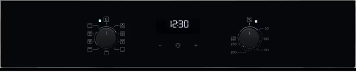 Schwarzes Backofen-Bedienfeld mit zwei Knöpfen, einer Digitaluhr mit 12:30 und verschiedenen Symbolen.