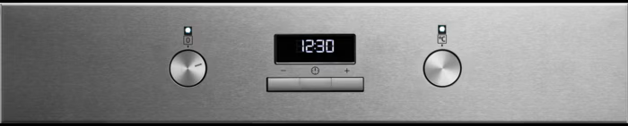 Edelstahl-Backofen-Bedienfeld mit Digitalanzeige 12:30, Knöpfen und Tasten.