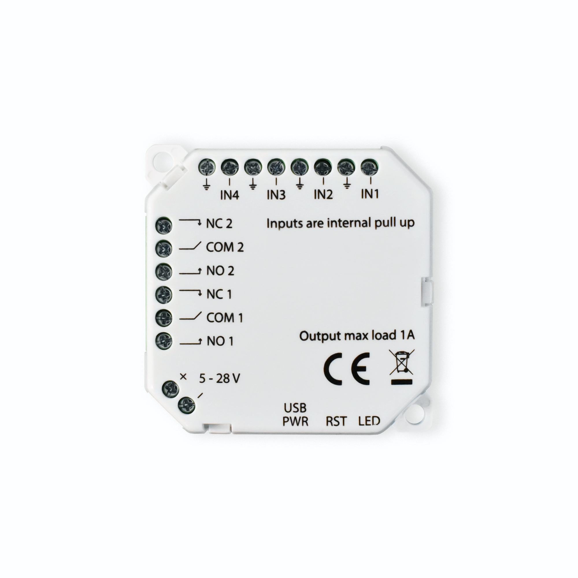 Ein weißes elektronisches Gerät mit beschrifteten Anschlüssen und Eingängen. Text enthält 'Output max load 1A' und 'USB, PWR, RST, LED'.