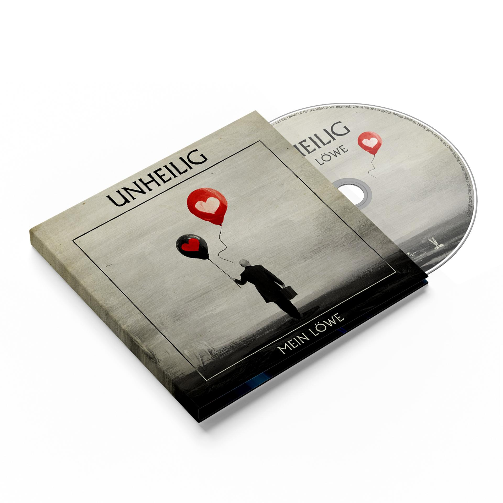 CD-Cover. Ein Mann im Schatten hält zwei Herzballons. CD hat einen Herzballon. Titel ist 'Unheilig', Album ist 'Mein Löwe'.