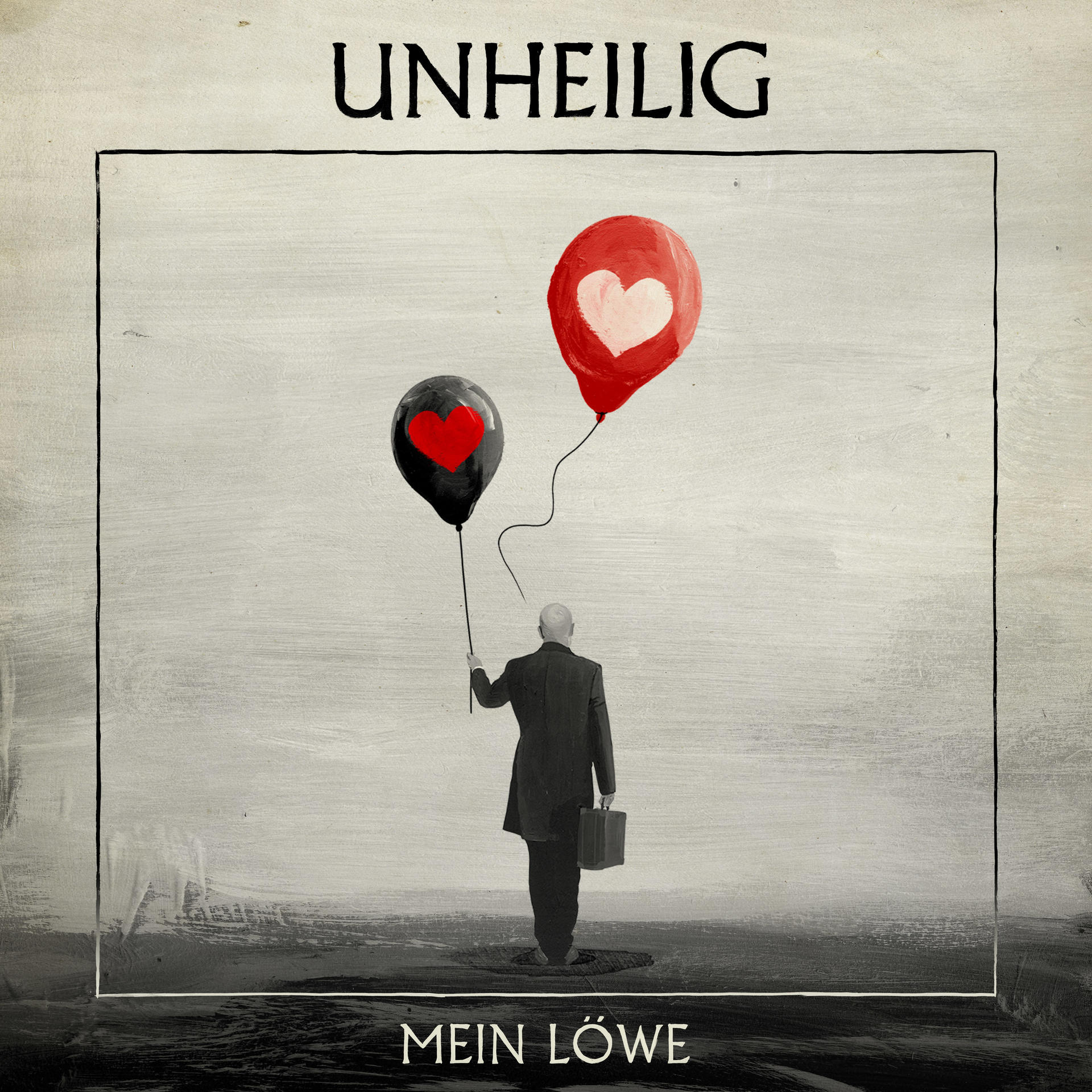 Ein Mann im Anzug hält zwei Ballons, einen schwarzen mit rotem Herz und einen roten mit weißem Herz. Das Wort UNHEILIG steht oben.
