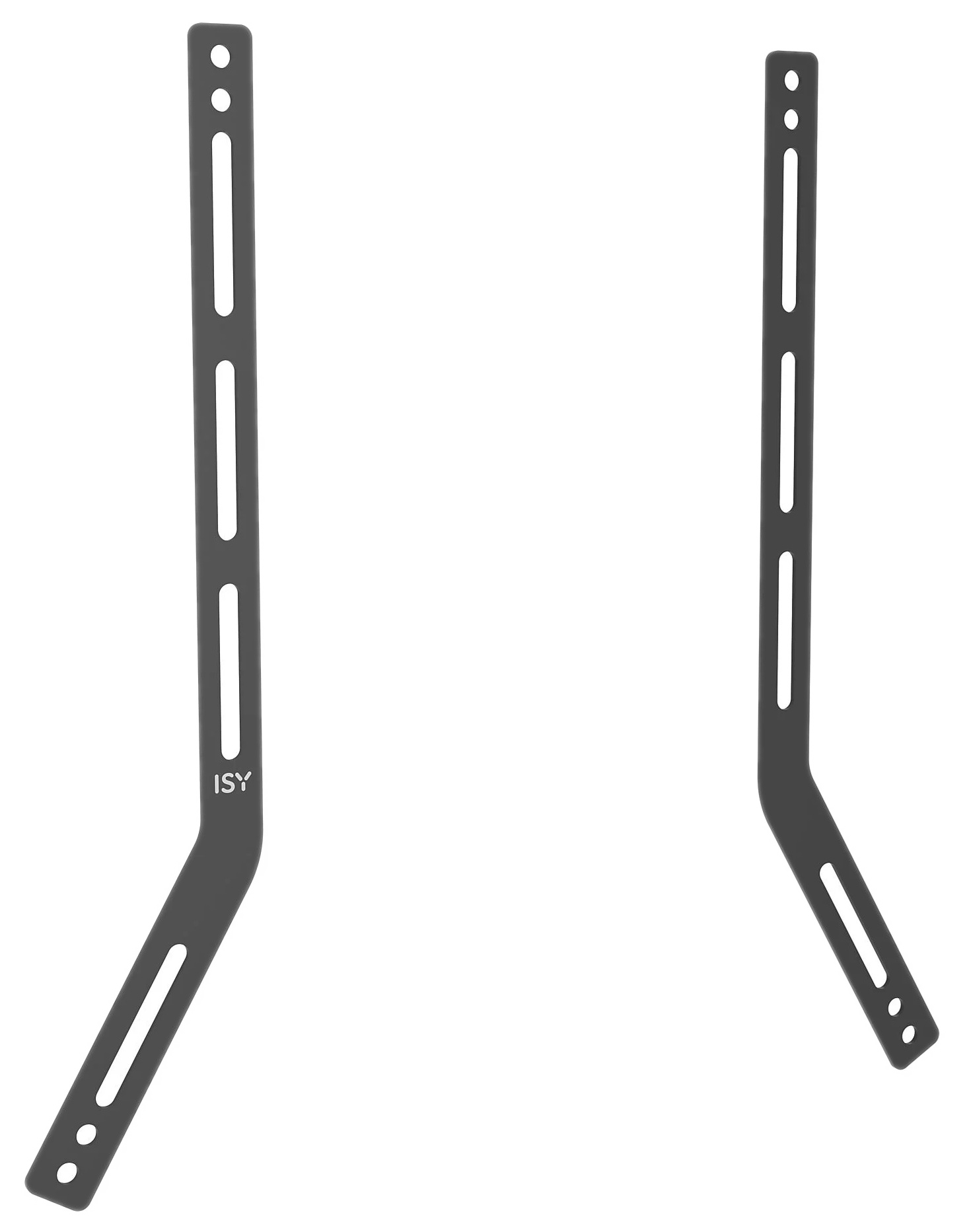 Dwa szare metalowe wsporniki z białymi obrysami na czarnym tle. Każdy ma otwory i szczeliny do montażu.