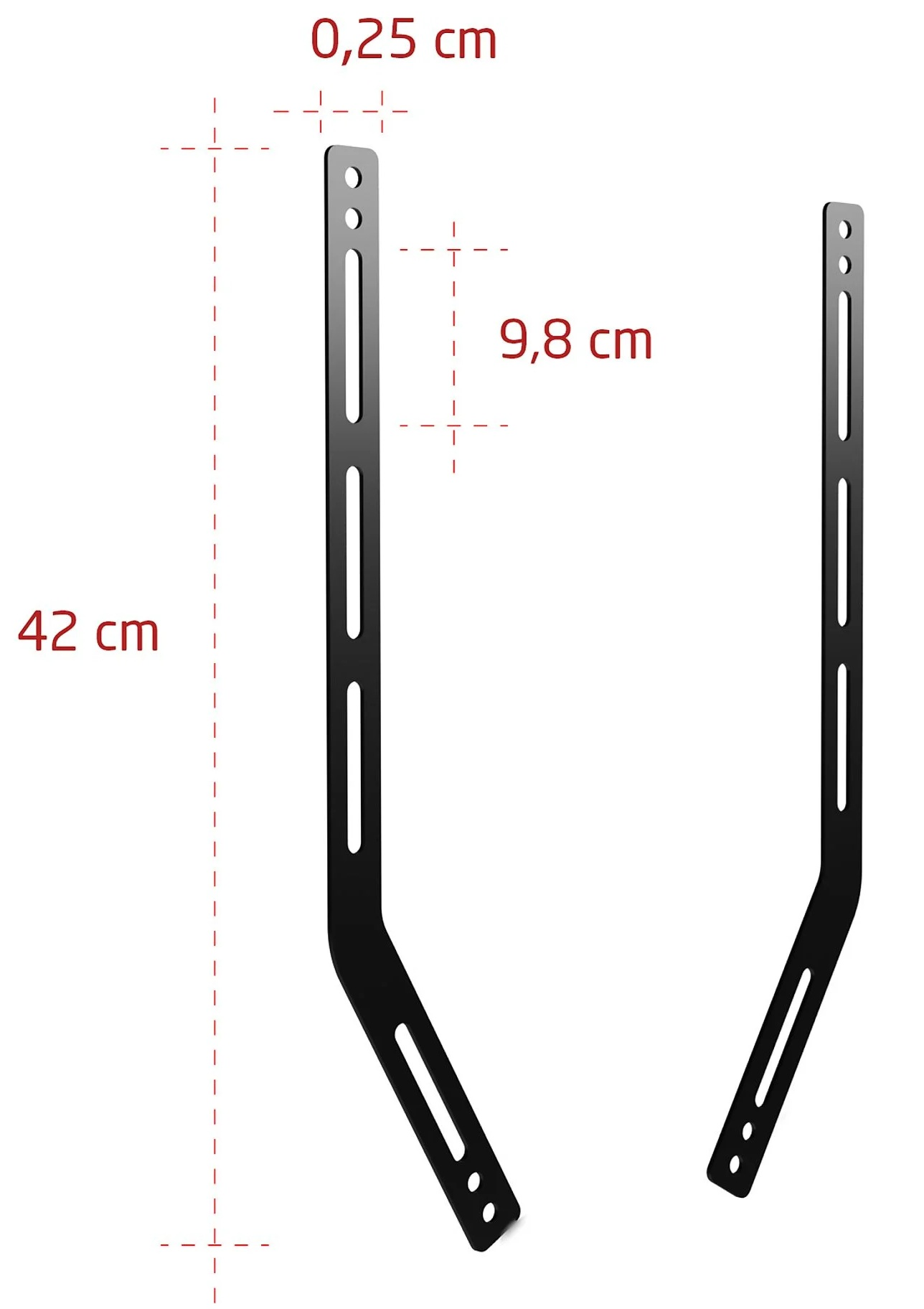 Dwa czarne metalowe wsporniki z oznaczonymi wymiarami. Jeden ma 42 cm długości, 0,25 cm szerokości i 9,8 cm między otworami.