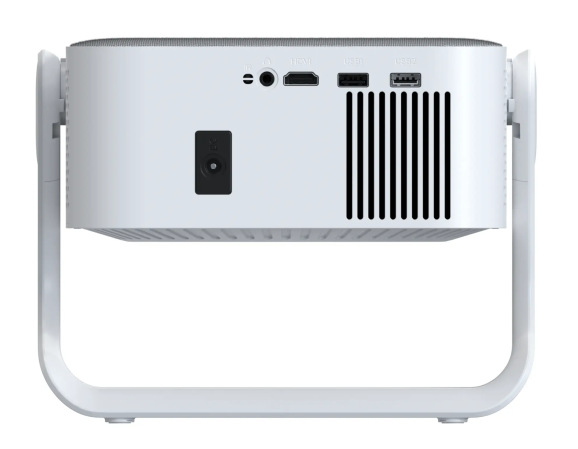 Biały projektor z portami, otworami wentylacyjnymi i stojakiem. Widok z tyłu pokazuje zasilanie, HDMI, USB i porty audio.