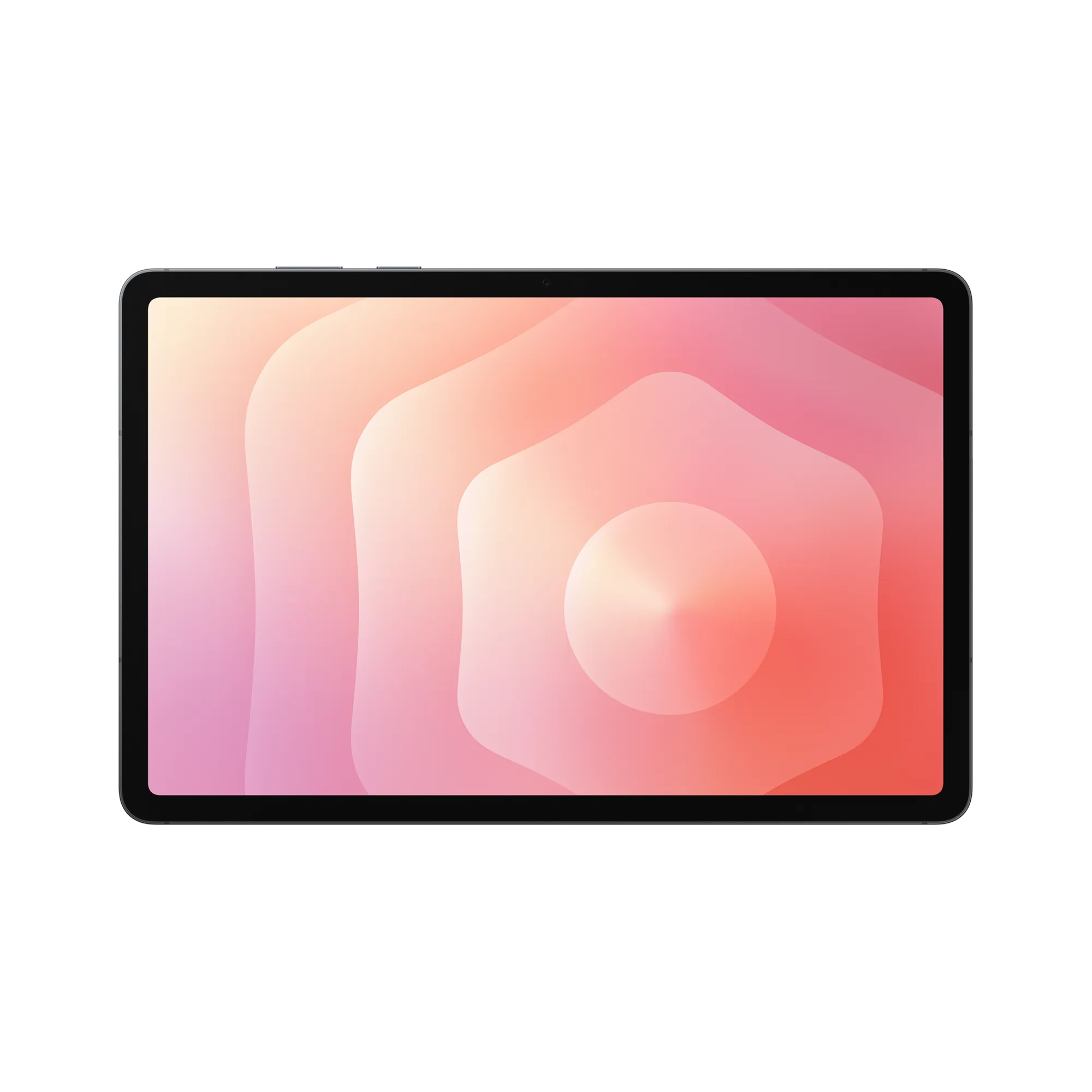 Tablet z gradientowym ekranem. Ekran ma abstrakcyjne tło w kolorze różowym, pomarańczowym i białym.