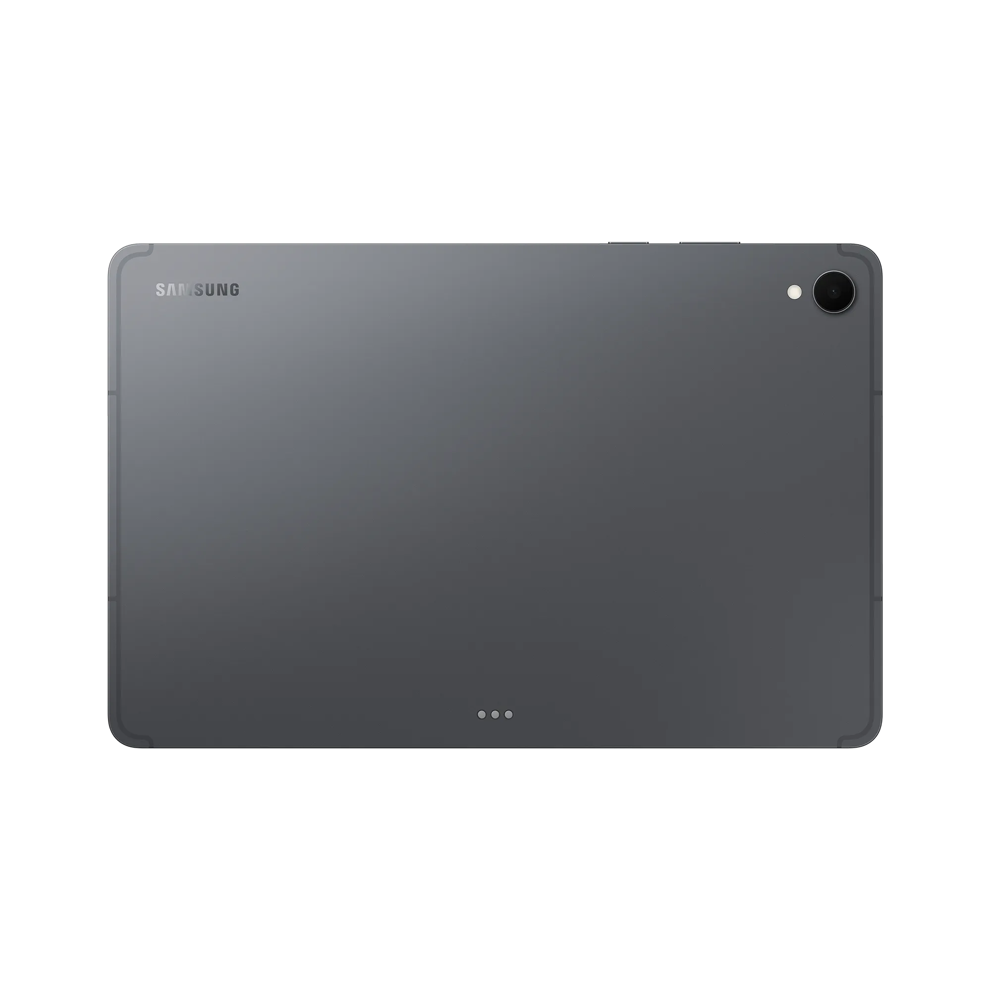 Pokazano tył szarego tabletu Samsung. Posiada aparat, logo i trzy kropki. Tło jest białe.