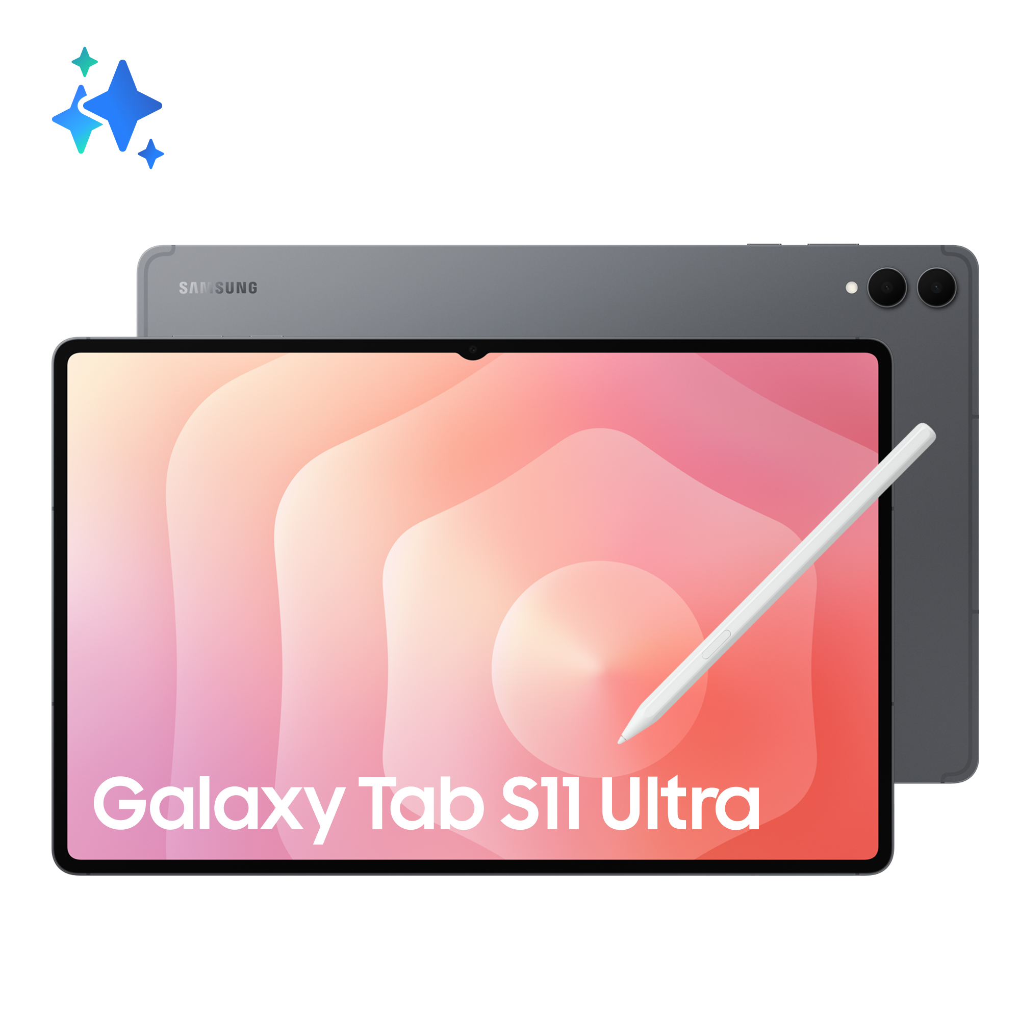 Tablet Galaxy Tab S11 Ultra z rysikiem. Ekran pokazuje różowo-biały gradient. Drugi tablet z tyłu.