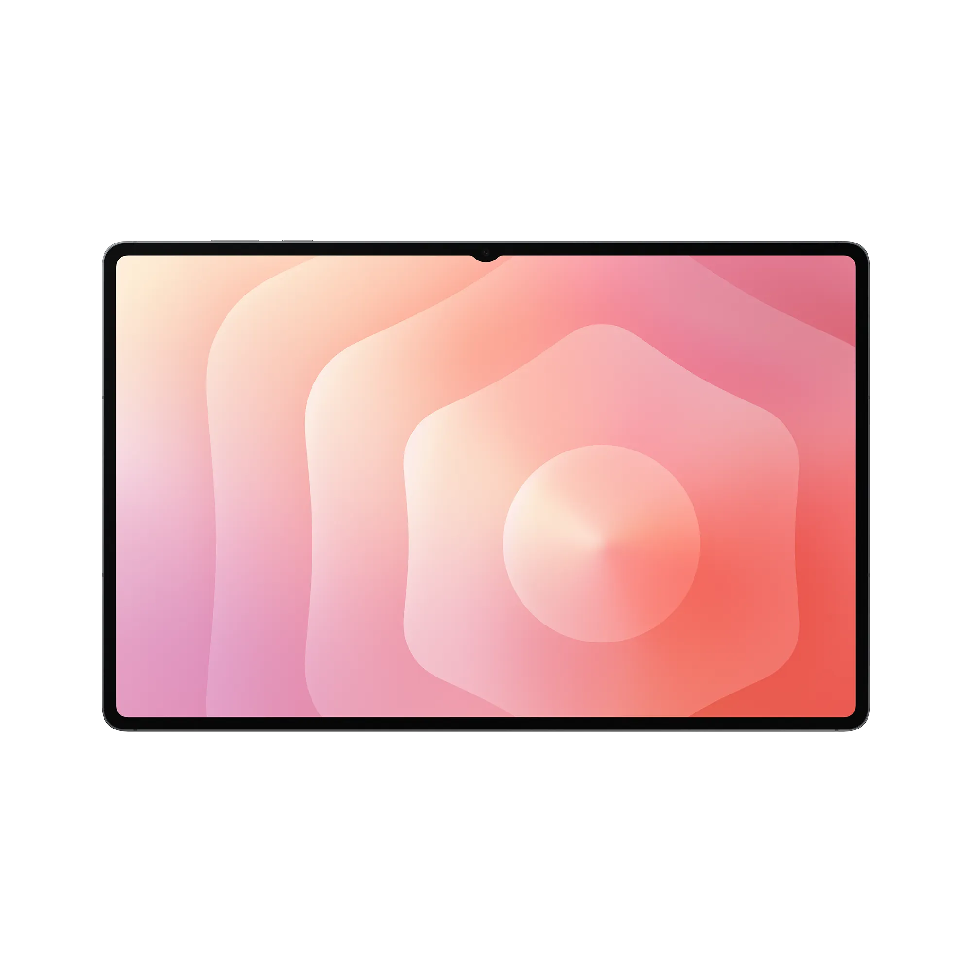 Tablet z gradientem różu i koralu na ekranie, czarna ramka, na białym tle.