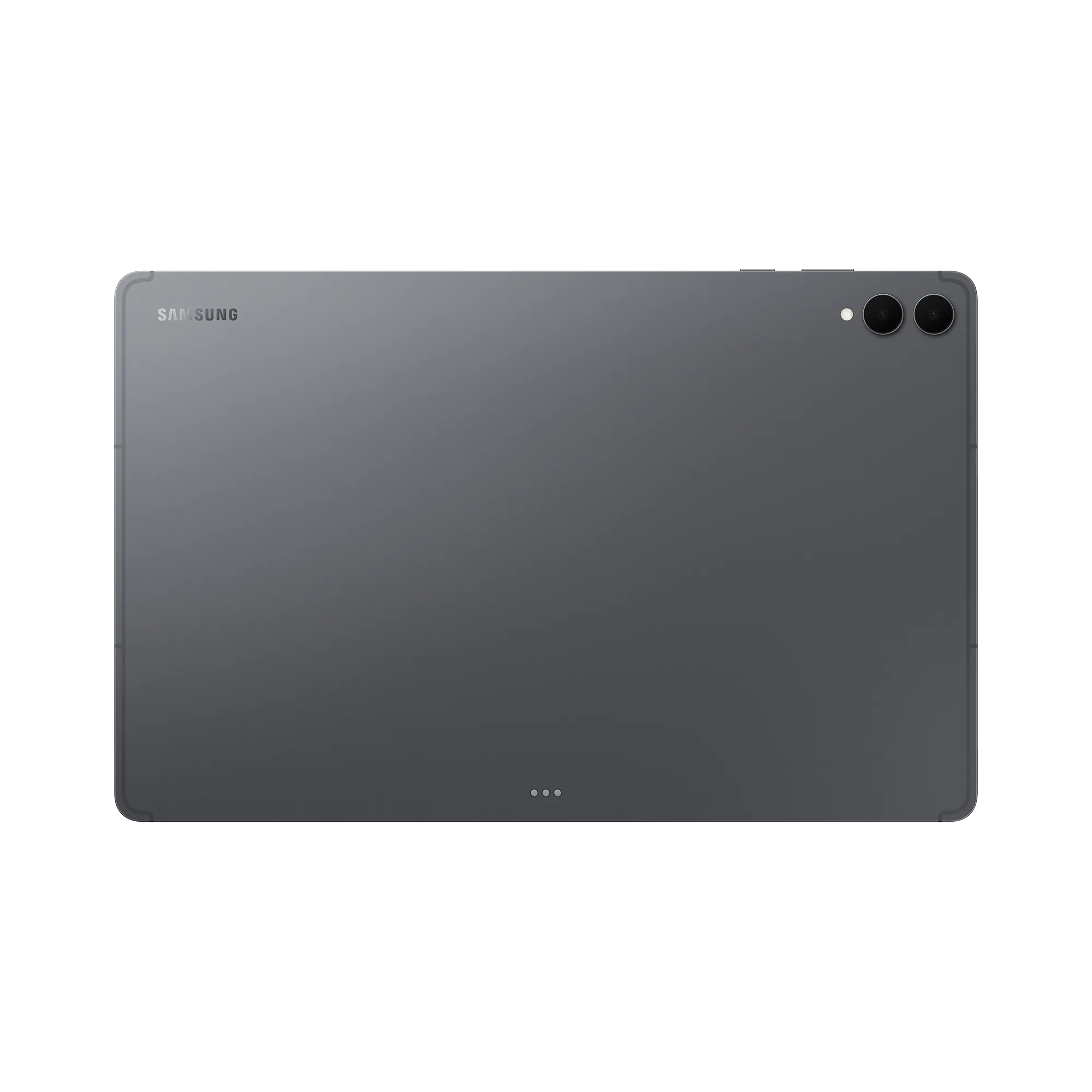 Tył szarego tabletu Samsung. Widoczne logo Samsung, dwa aparaty i trzy małe kropki.