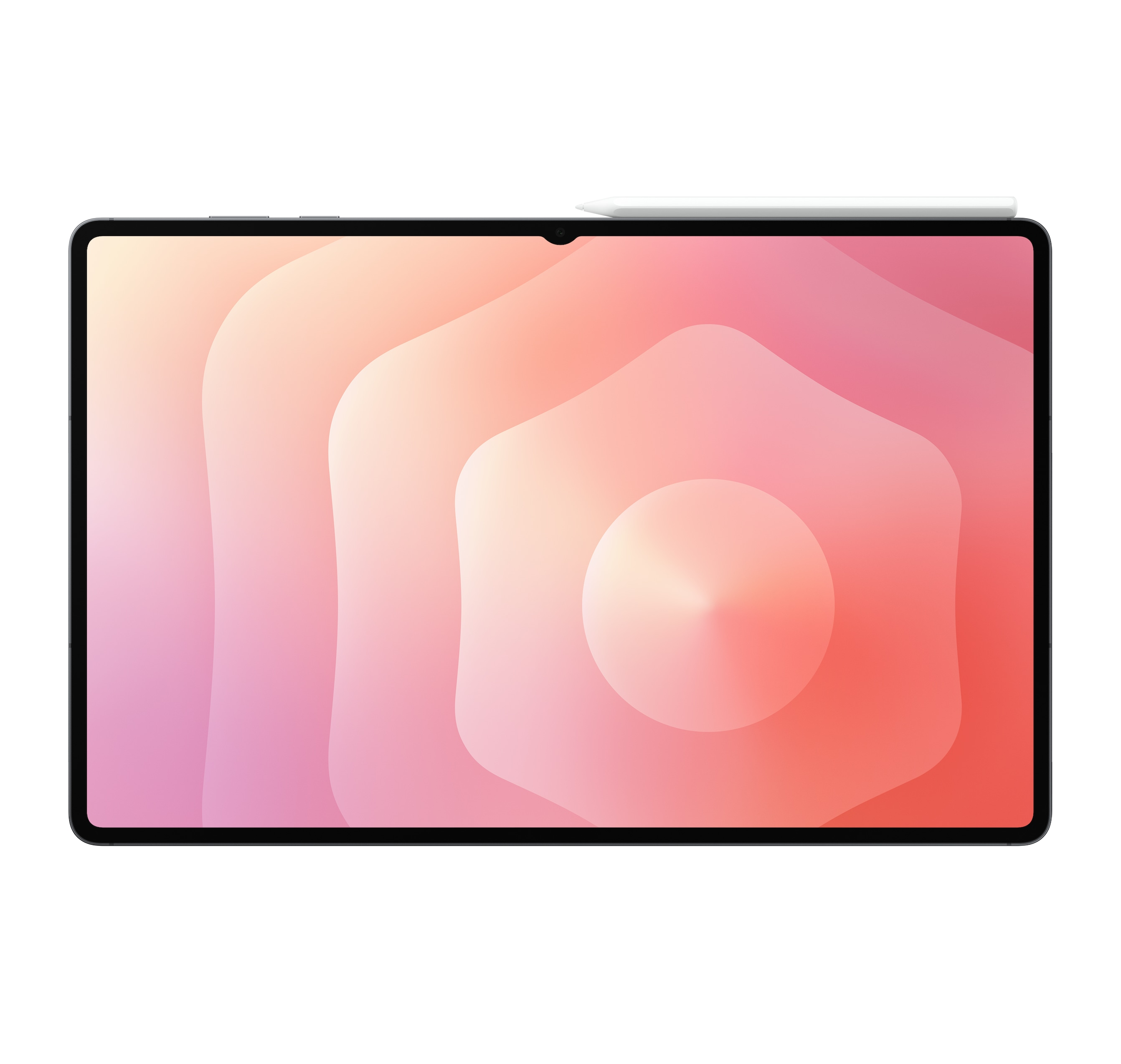 Tablet z gradientowym wyświetlaczem w kolorze różowo-pomarańczowym i białym rysikiem.