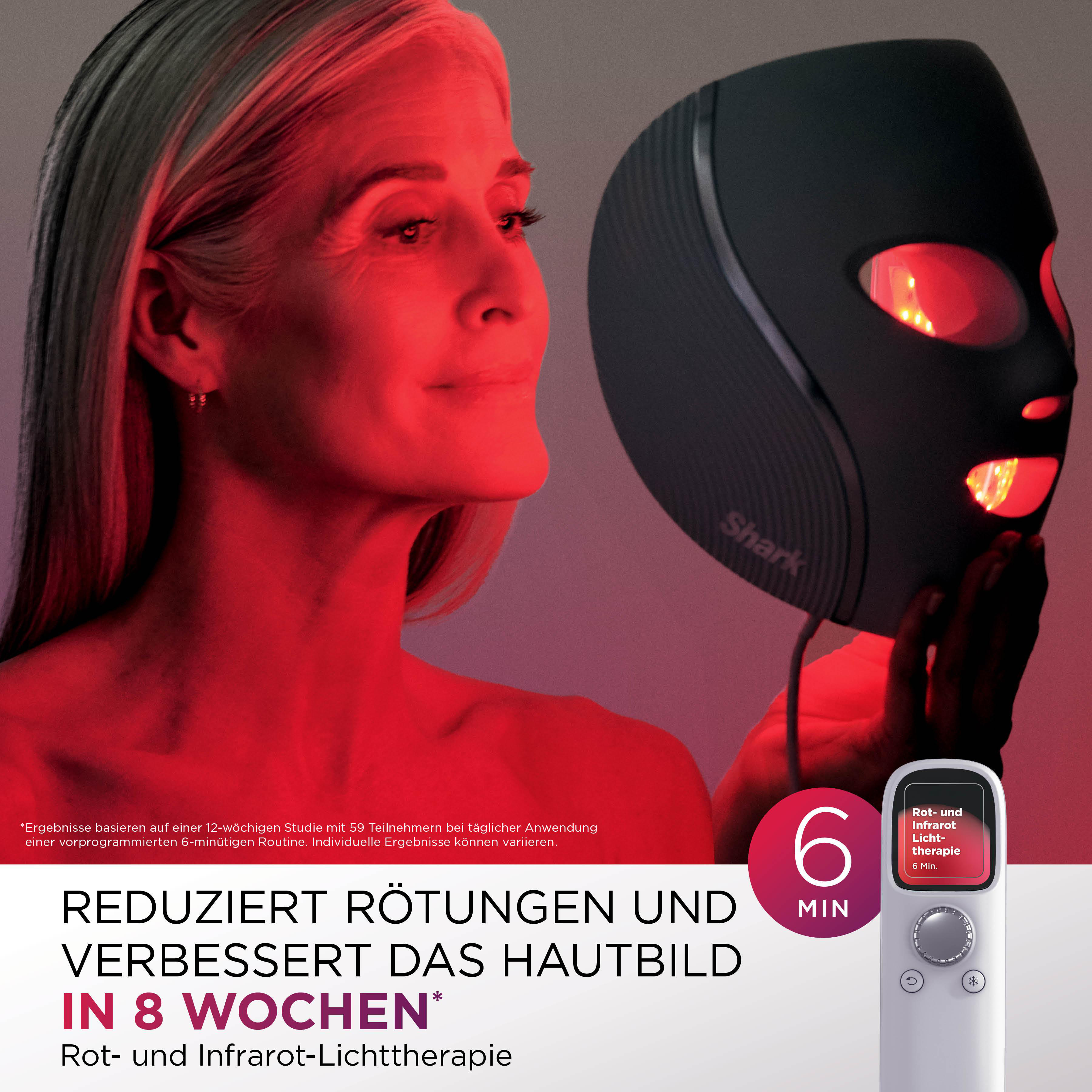 Frau mit roter Hautbehandlungsmaske. Text besagt, dass es Rötungen reduziert und die Haut in 8 Wochen verbessert.