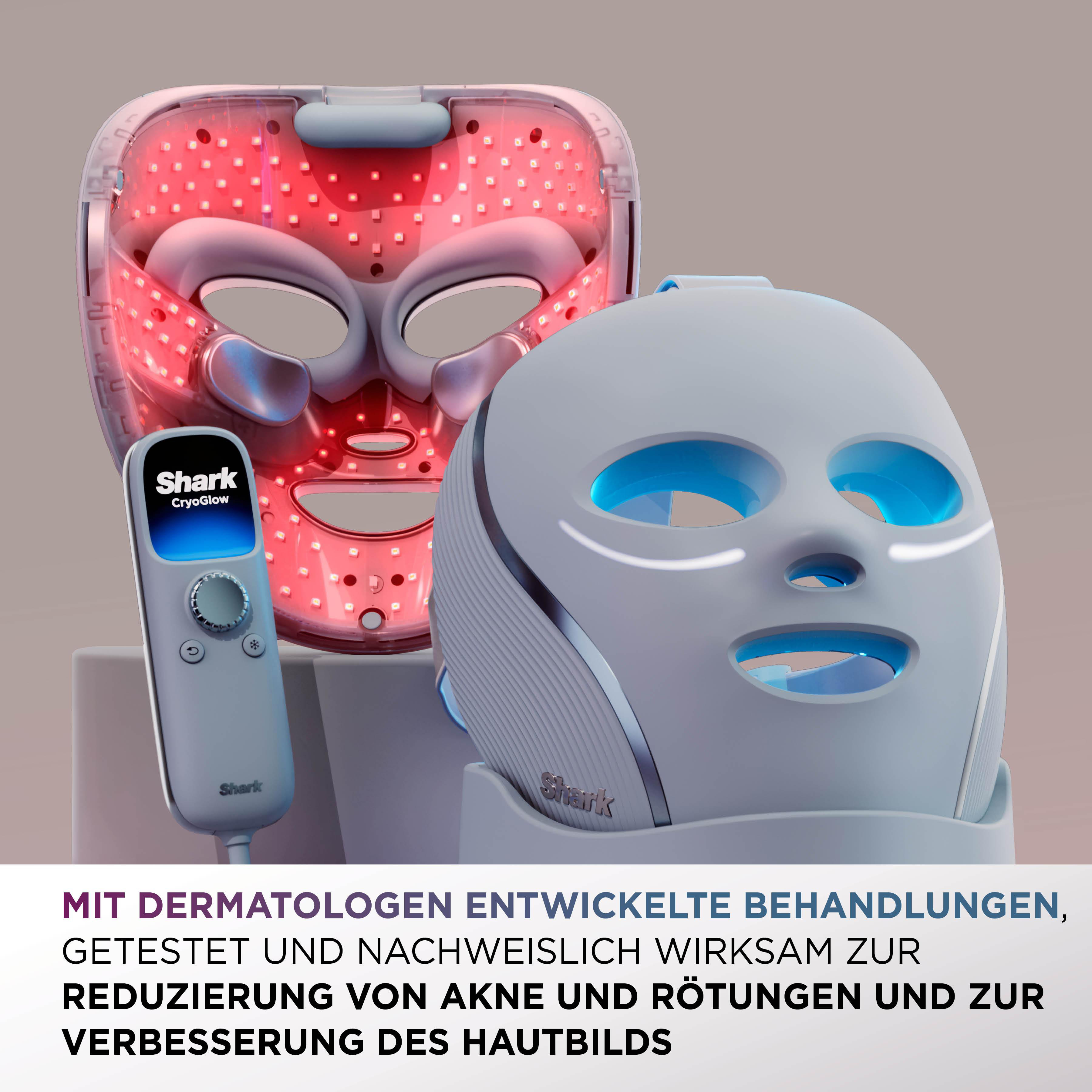 Das Bild zeigt eine Gesichtsmaske mit roten Lichtern, eine weiße Maske und eine Fernbedienung. Text unten erwähnt Akne-Reduktion.