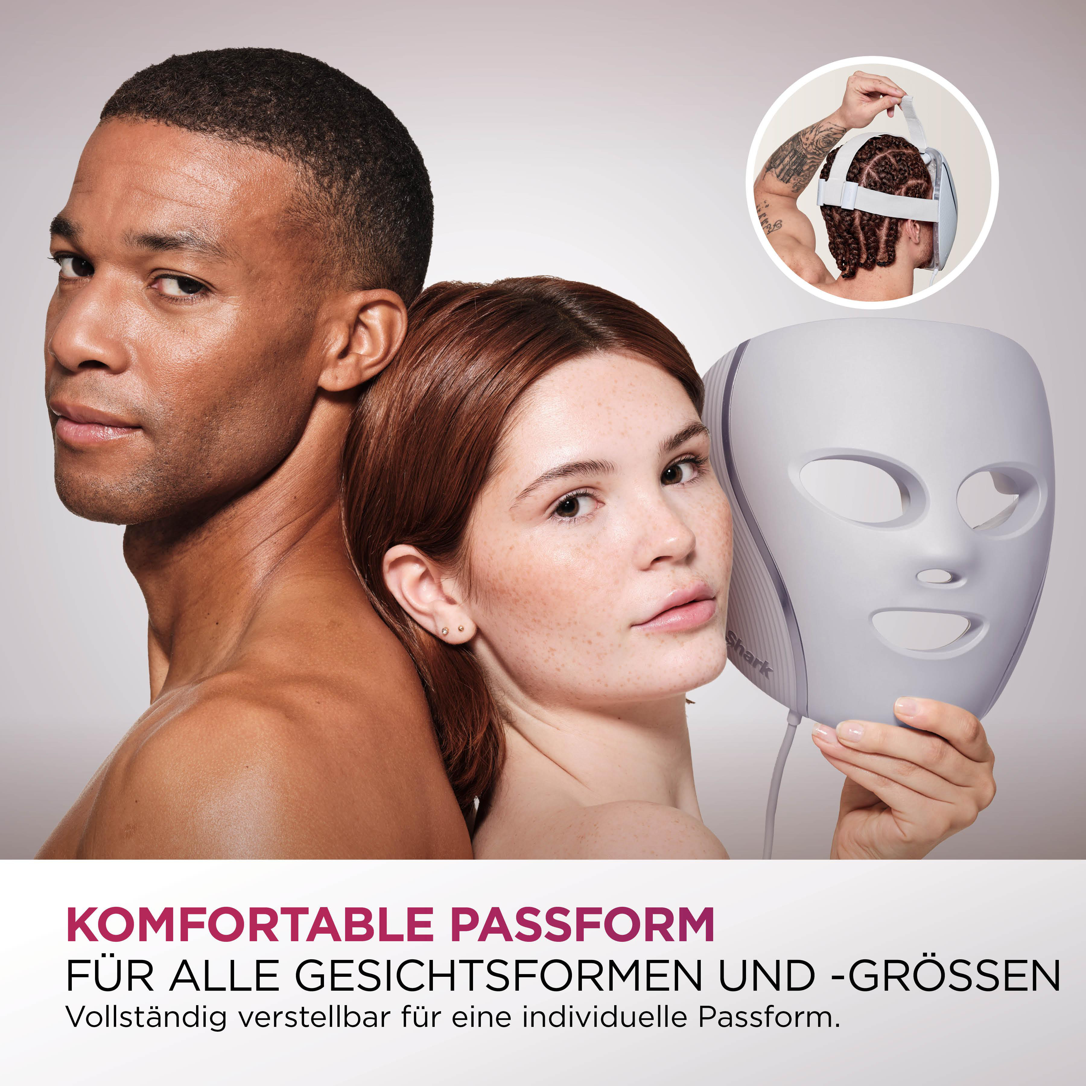 Ein Mann und eine Frau stehen dicht beieinander und halten eine Gesichtsmaske. Ein Mann im Kreis trägt die Maske.