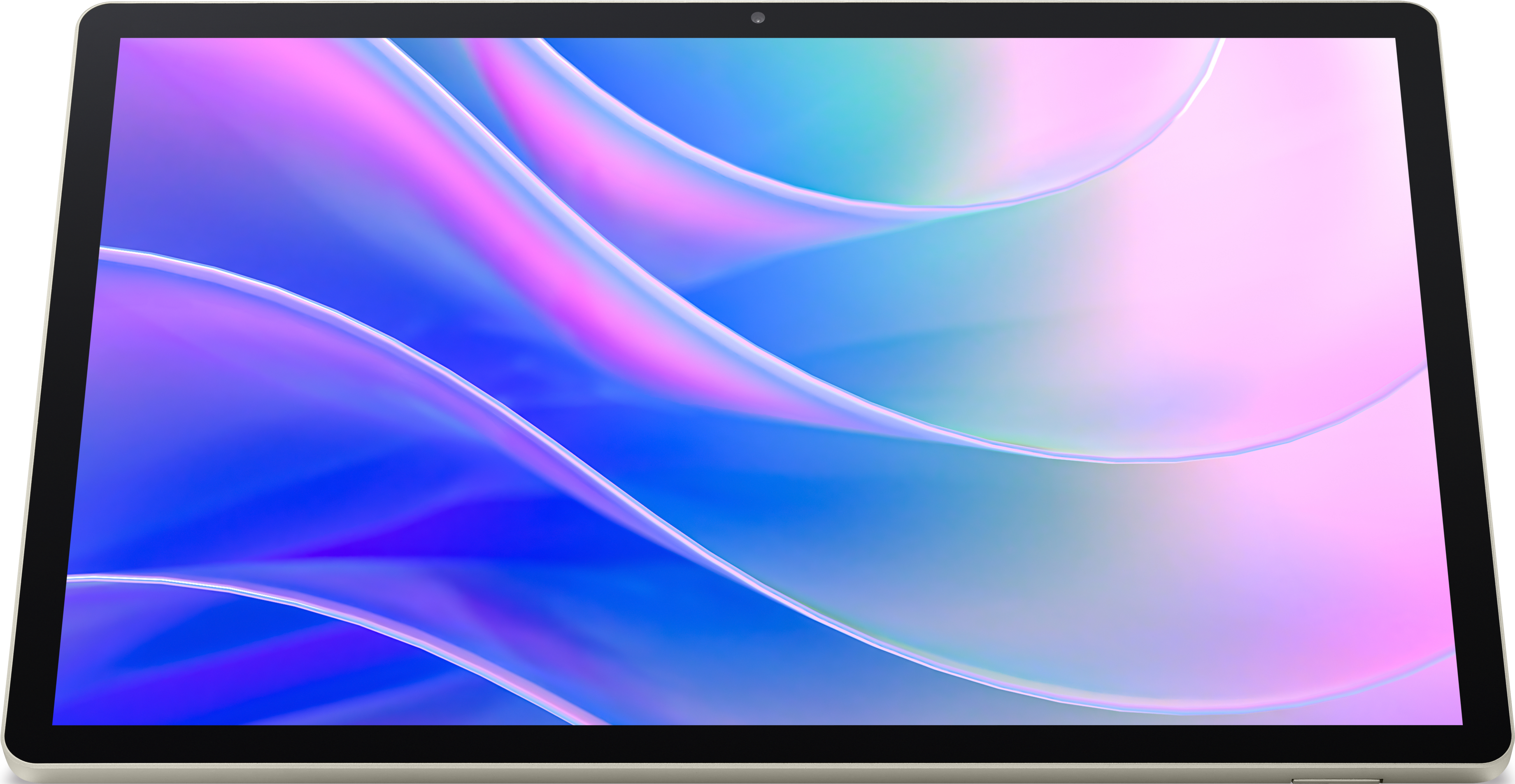 Tablet mit abstraktem Design mit blauen, rosa und weißen fließenden Formen vor schwarzem Hintergrund.