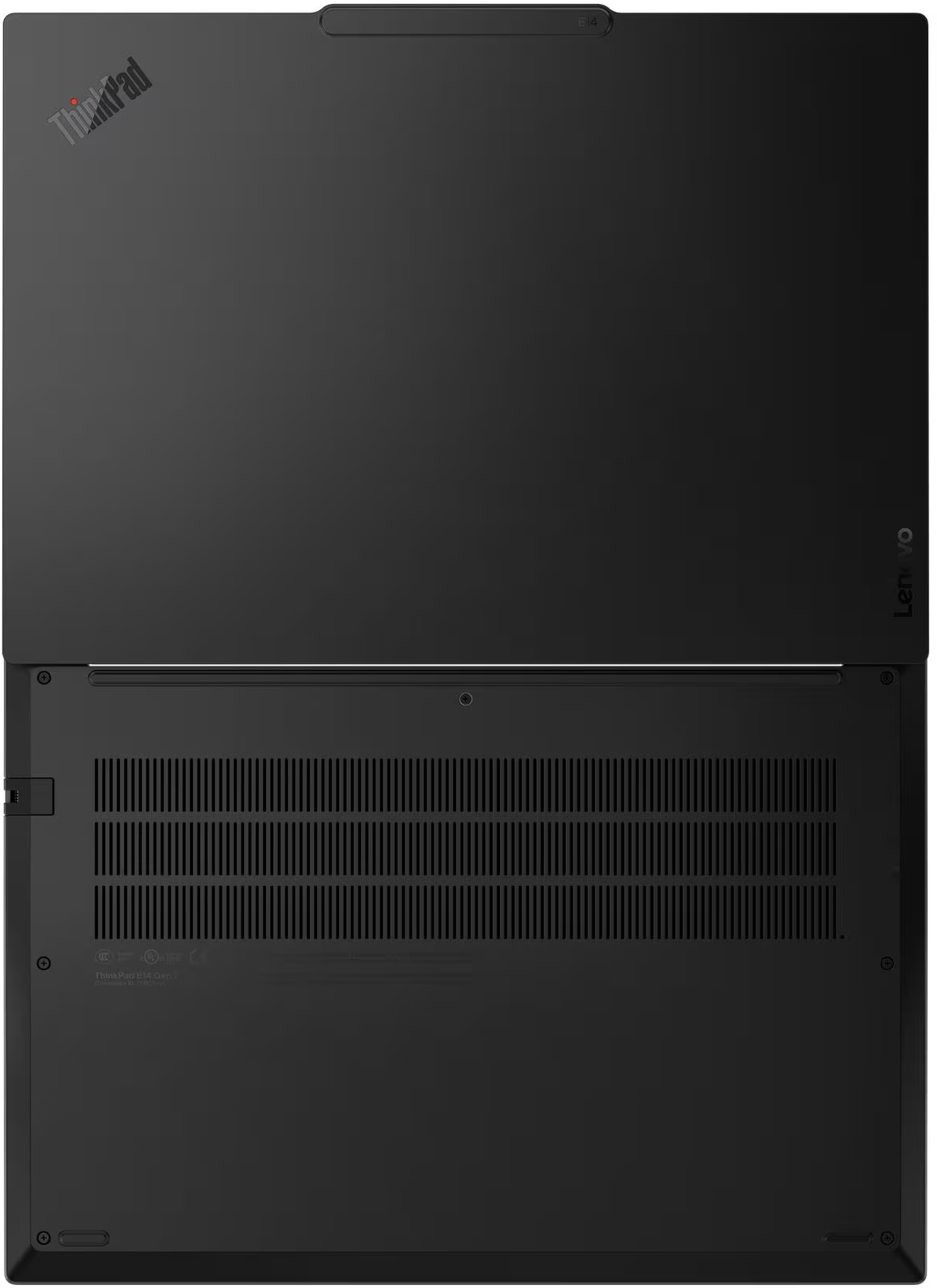 Fekete Lenovo ThinkPad laptop felülnézetből. A ThinkPad logó, a szellőzők és a Lenovo márka látható. A laptop zárva van.