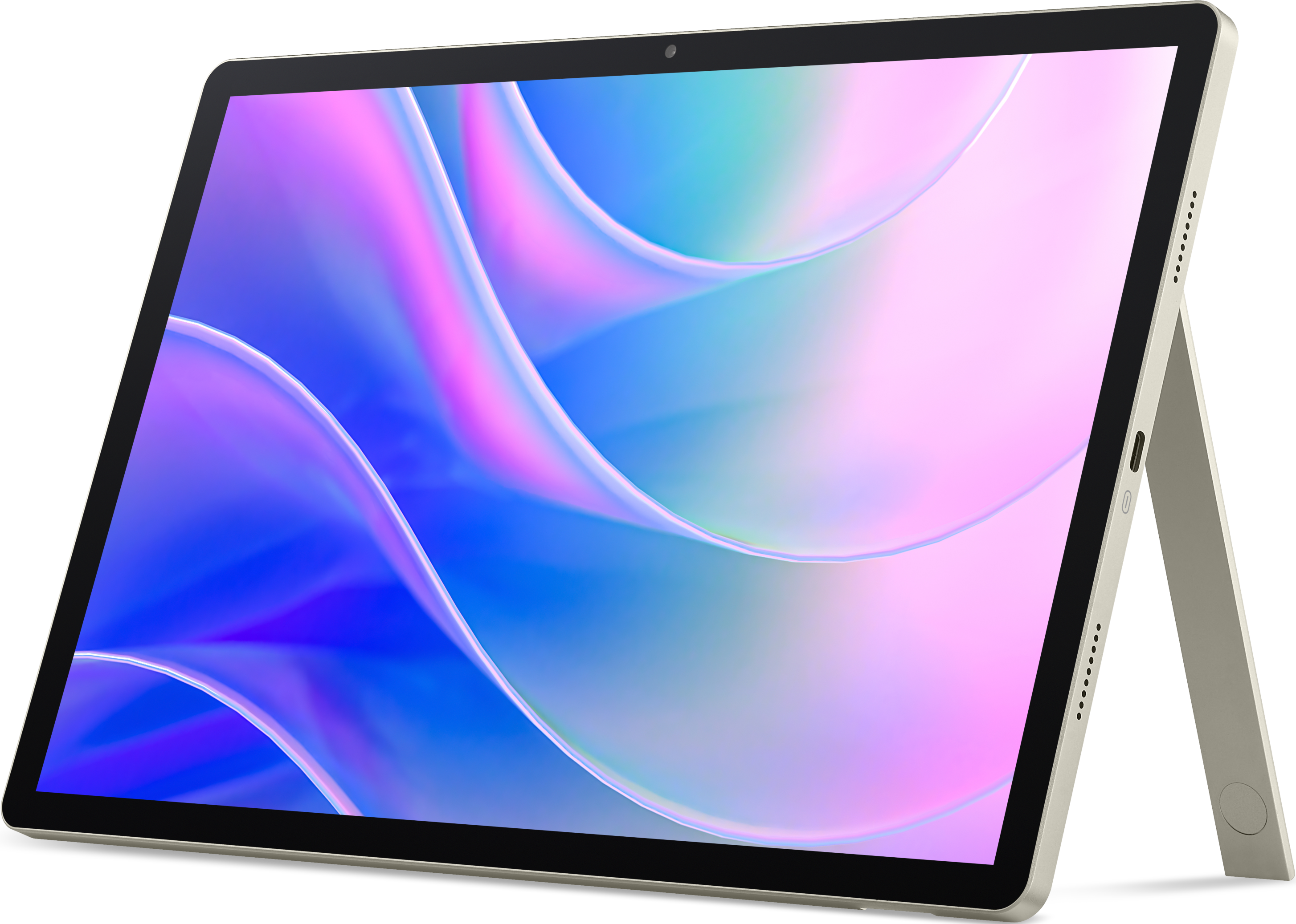 Tablet mit farbenfrohem, abstraktem Bildschirm. Der Bildschirm wird von einem Ständer gehalten. Der Hintergrund ist schwarz.