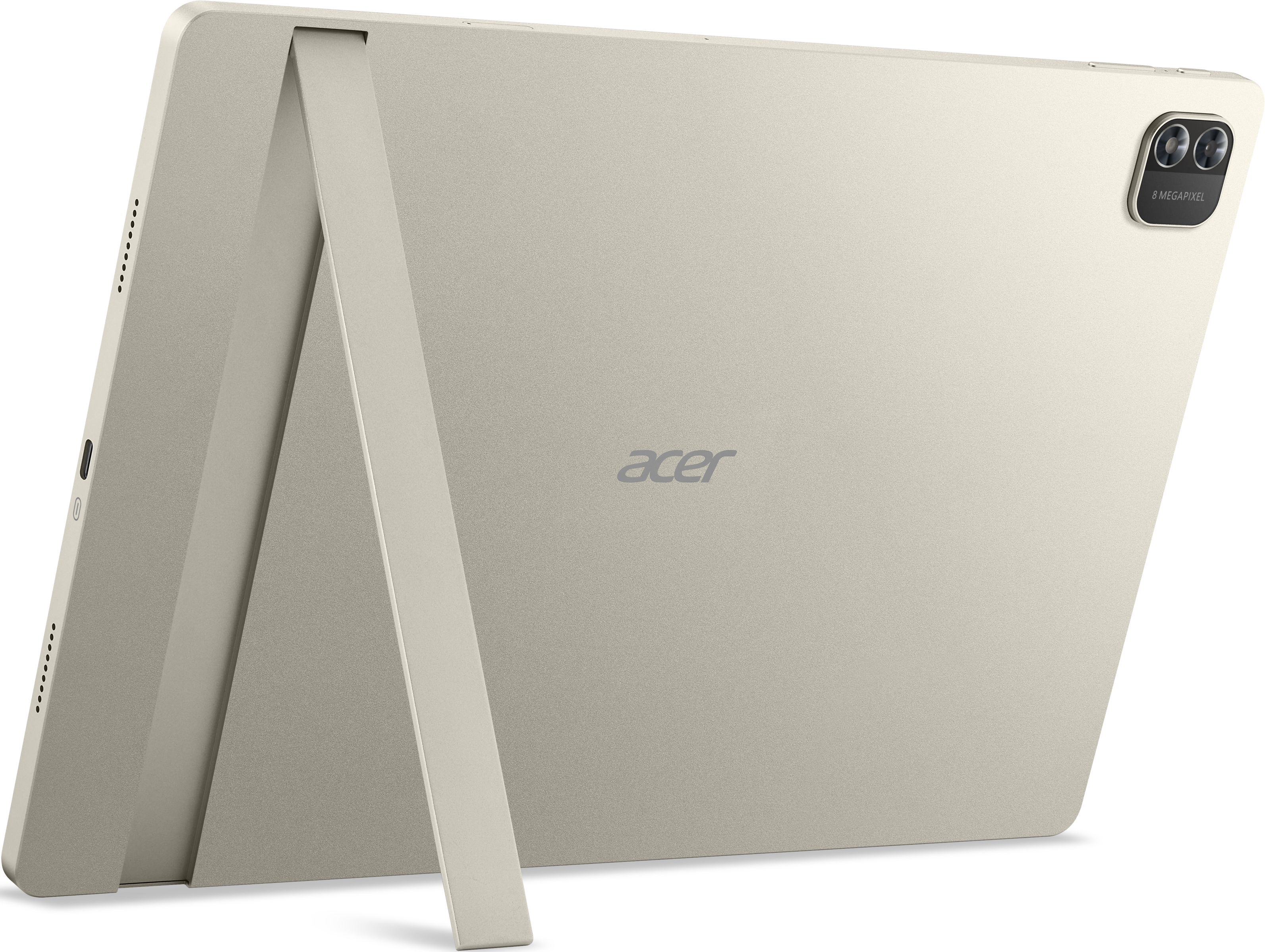 Ein goldenes Acer-Tablet mit Ständer ist nach links abgewinkelt. Es hat eine Dual-Objektiv-Kamera und das Acer-Logo.