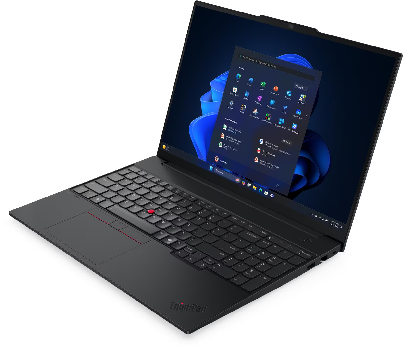 Fekete ThinkPad laptop fehér felületen. A képernyő Windows alkalmazásokat mutat. Billentyűzet és érintőpad látható.
