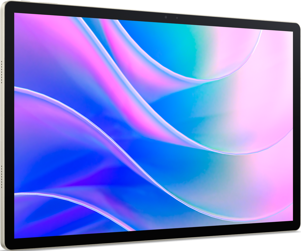 Tablet con cornice nera e cornice color crema, lo schermo mostra colori astratti, vorticosi, blu e rosa. Visto da un'angolazione.