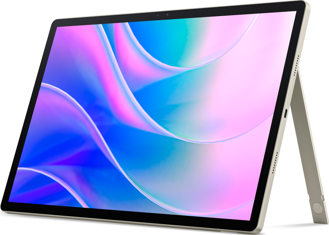 Tablet con supporto. Lo schermo mostra un'immagine astratta colorata. Il tablet è beige e ha un bordo nero.