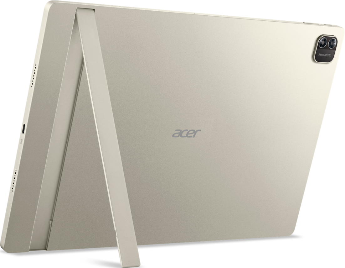 Un tablet Acer beige sorretto da un supporto. La parte posteriore presenta doppie fotocamere e il logo Acer. Il tablet è su una superficie bianca.