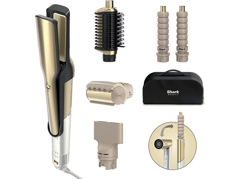 Shark HD6051SEU Glam Multistyler für glatte Haare, Wellen und Locken, Gold, 1500 Watt, 6 Aufsätze