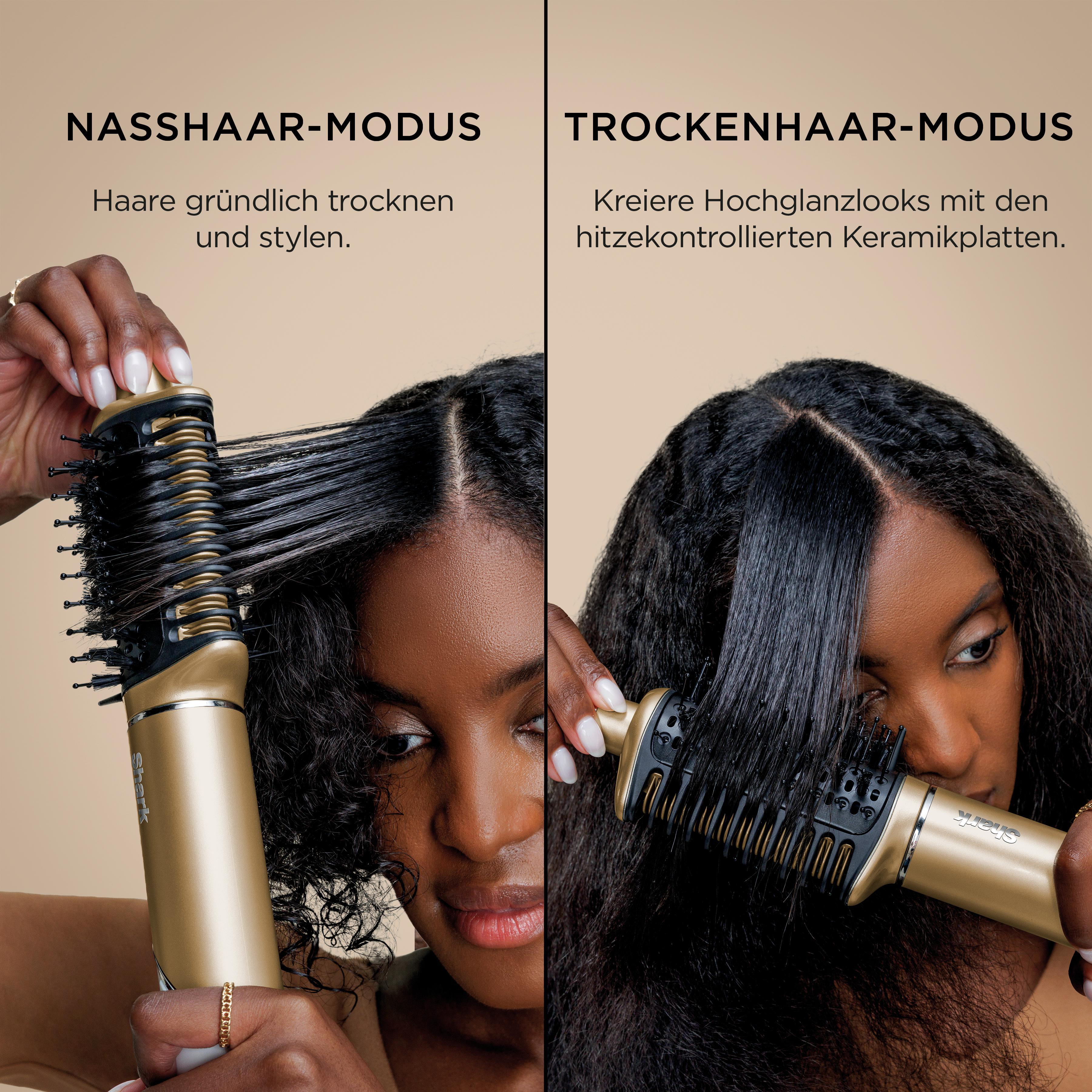 Das Bild zeigt eine Frau, die ein Haarstyling-Werkzeug benutzt. Die linke Seite zeigt nasses Haar, die rechte Seite trockenes, gestyltes Haar.