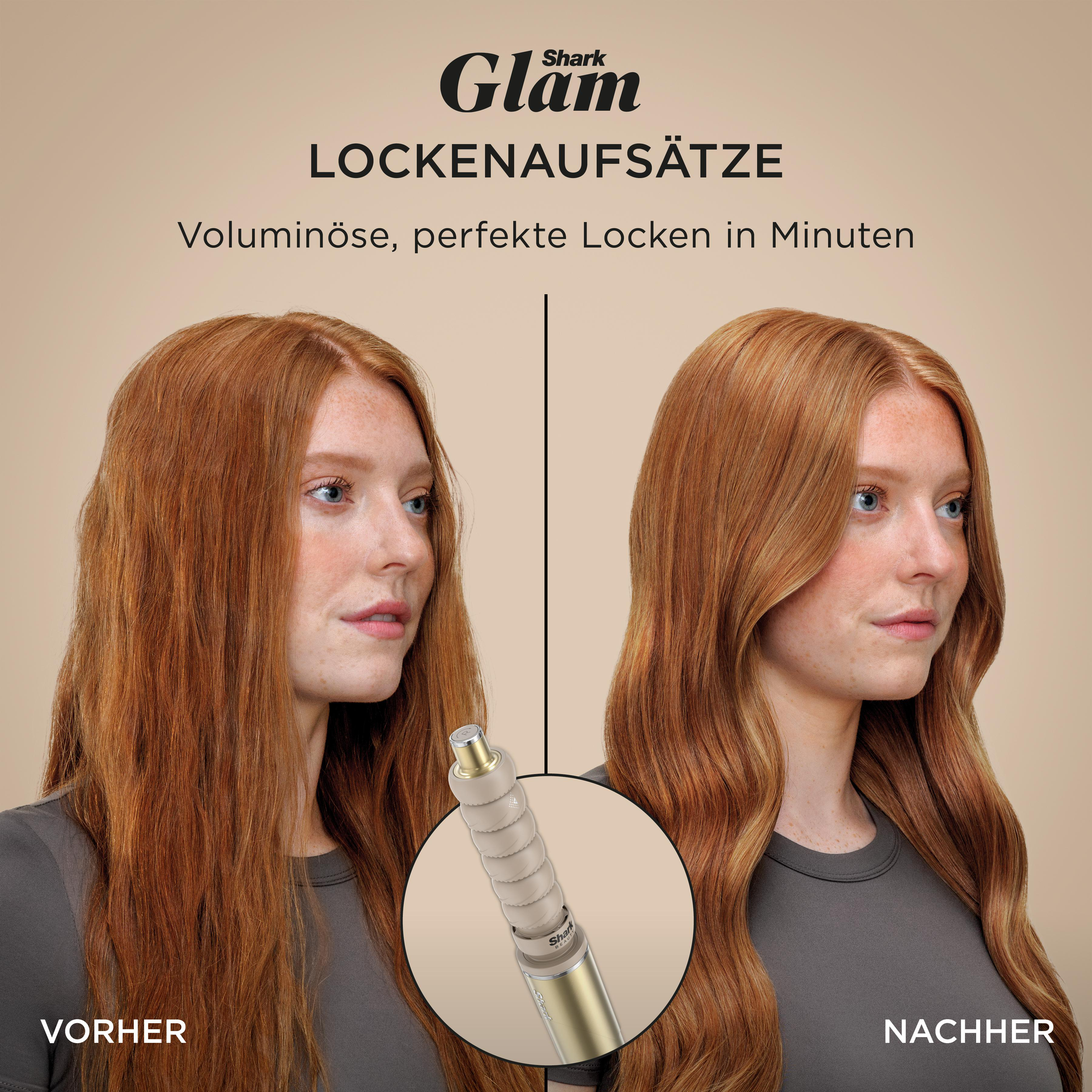 Das Bild zeigt eine rothaarige Frau mit glattem Haar links und lockigem Haar rechts. Ein Lockenstab befindet sich in der Mitte.