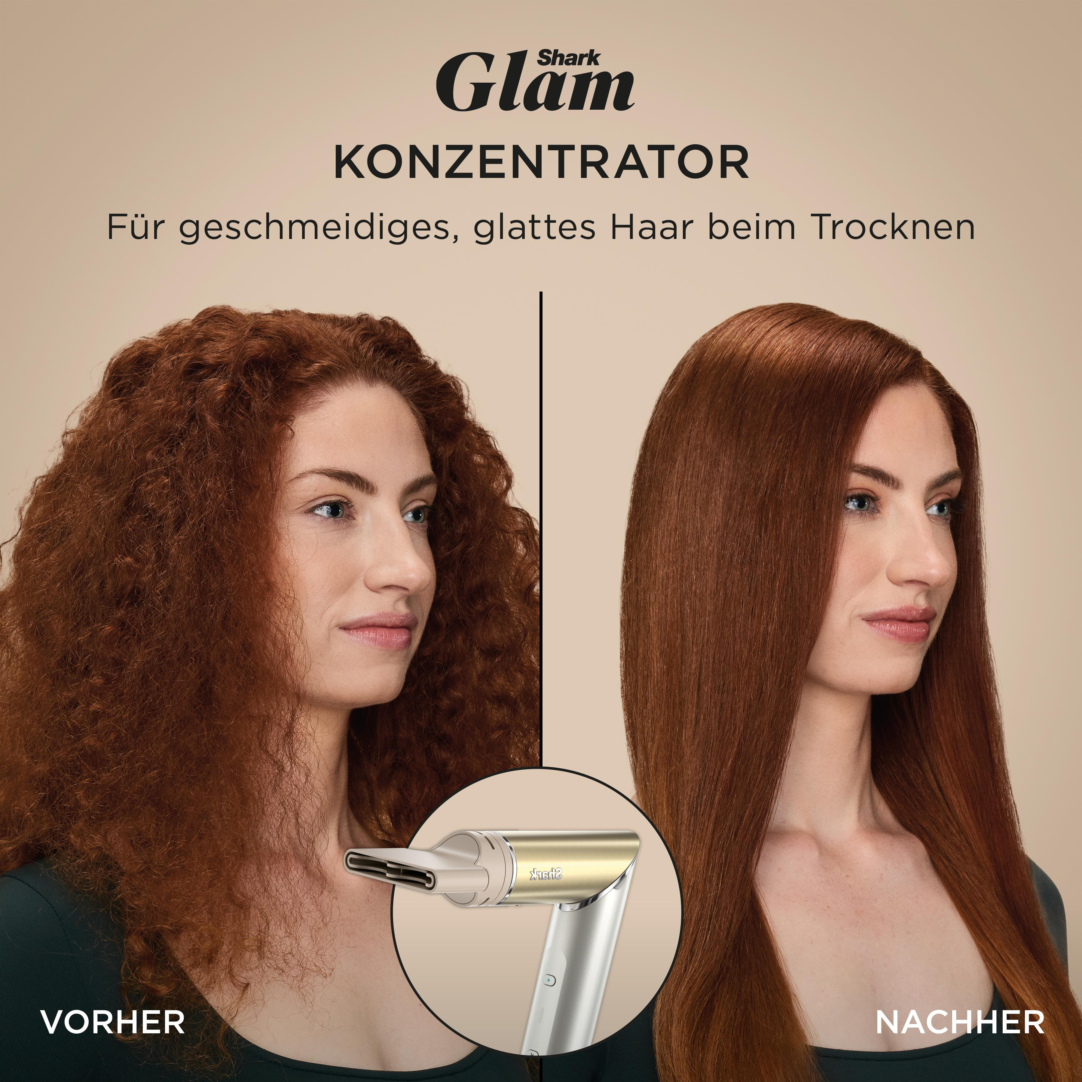 Das Bild zeigt Haare vor und nach der Anwendung eines Haarprodukts. Die linke Seite zeigt lockiges Haar, die rechte glattes Haar.