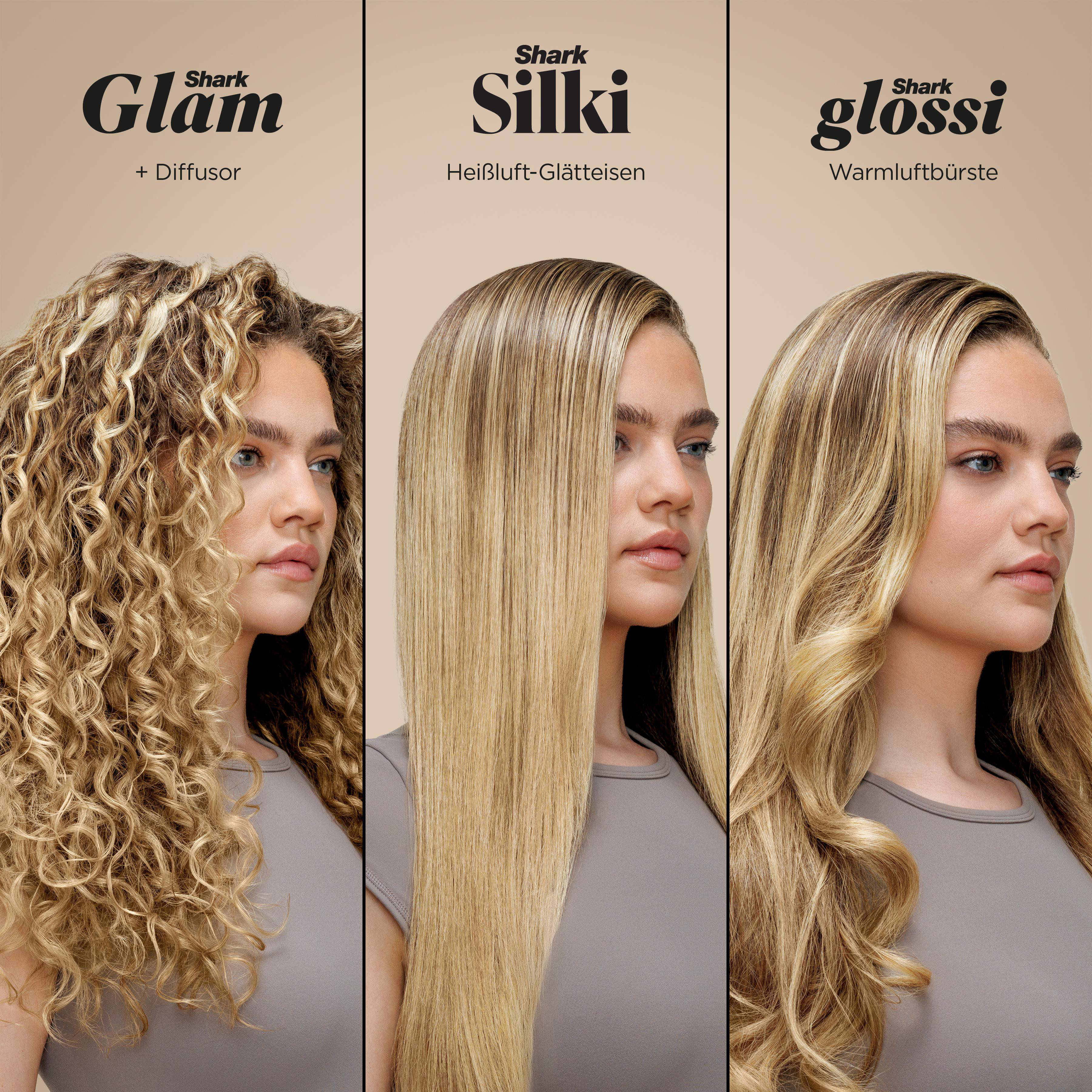 Drei Frauen mit verschiedenen Frisuren: lockig, glatt und wellig. Jede hat ein Produktlogo. Beiger Hintergrund.