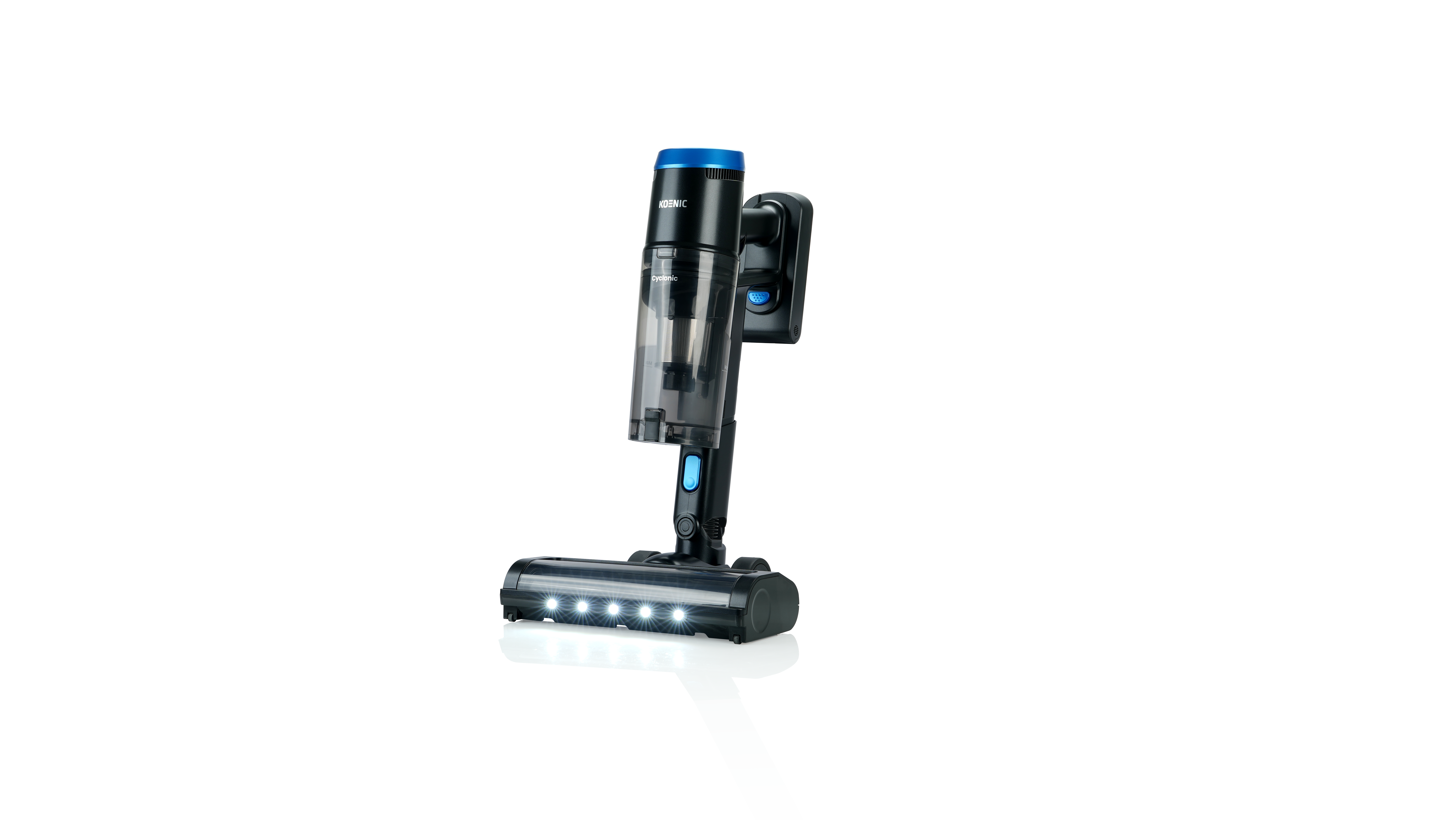 Ein schwarz-blauer kabelloser Staubsauger mit LED-Leuchten am Boden, vor schwarzem Hintergrund.