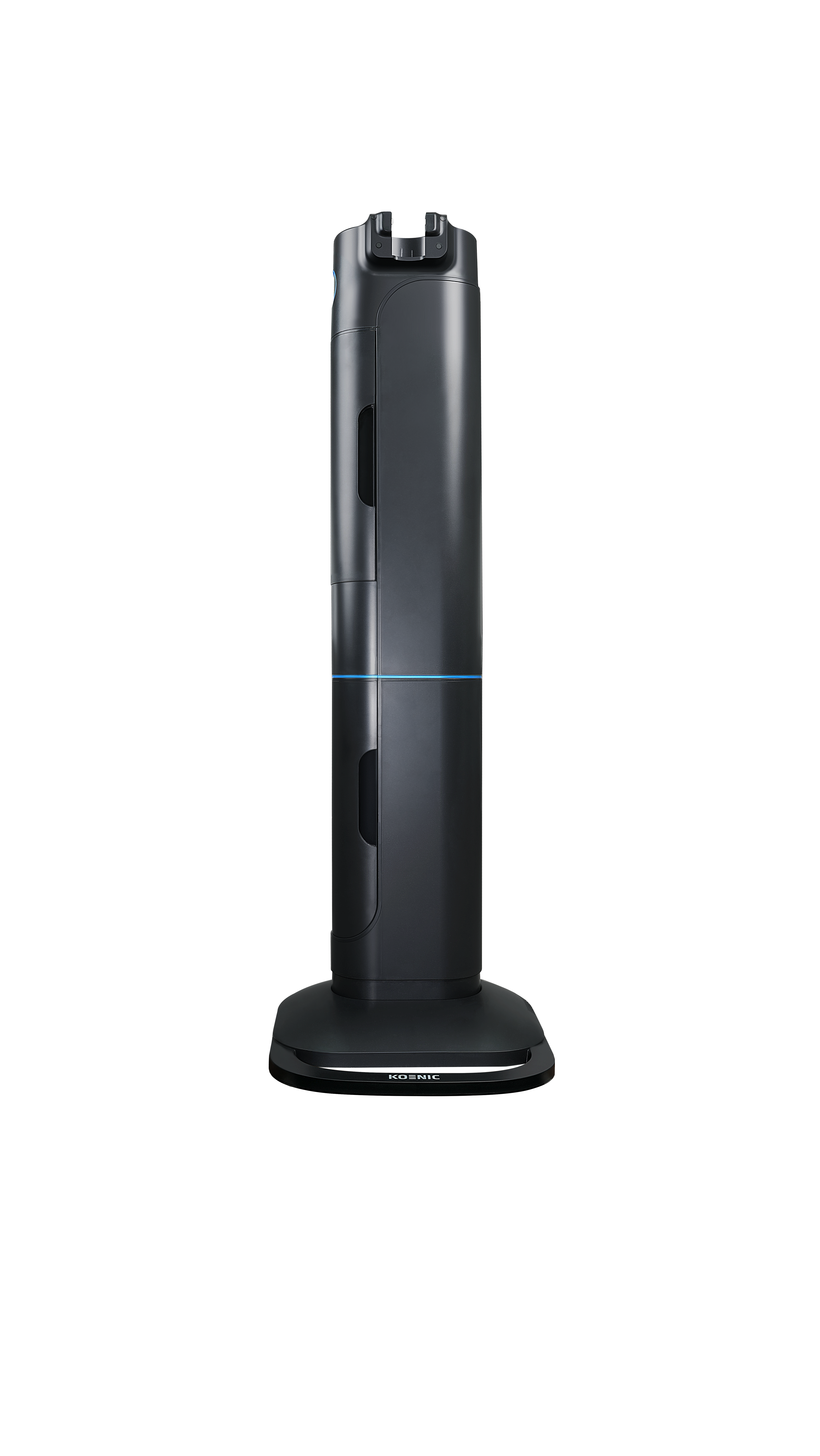 Ein dunkelgraues, vertikales Robotergerät mit Sockel und Oberteil. Ein blauer Lichtstreifen befindet sich in der Mitte. Der Hintergrund ist schwarz.