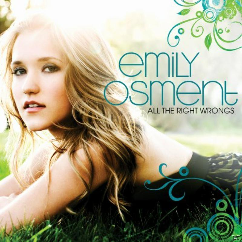 Blonde Frau liegt auf Gras. Albumcover für Emily Osment, "All the Right Wrongs". Dekorative Wirbel und Text im Hintergrund.