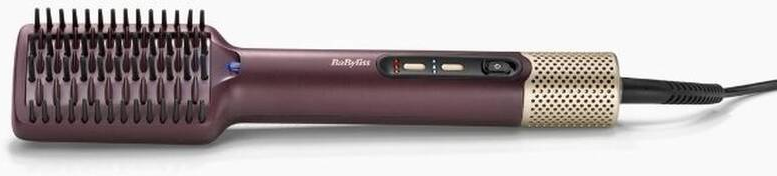Une brosse lissante Babyliss violette et dorée est posée horizontalement sur une surface blanche. Elle a un cordon d'alimentation noir.