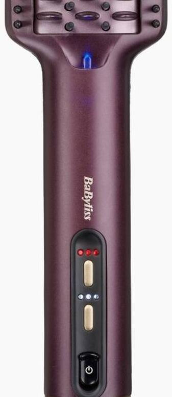 Un outil de coiffure Babyliss violet foncé. Il possède un bouton d'alimentation, des voyants et une tête de coiffure avec plusieurs fentes.