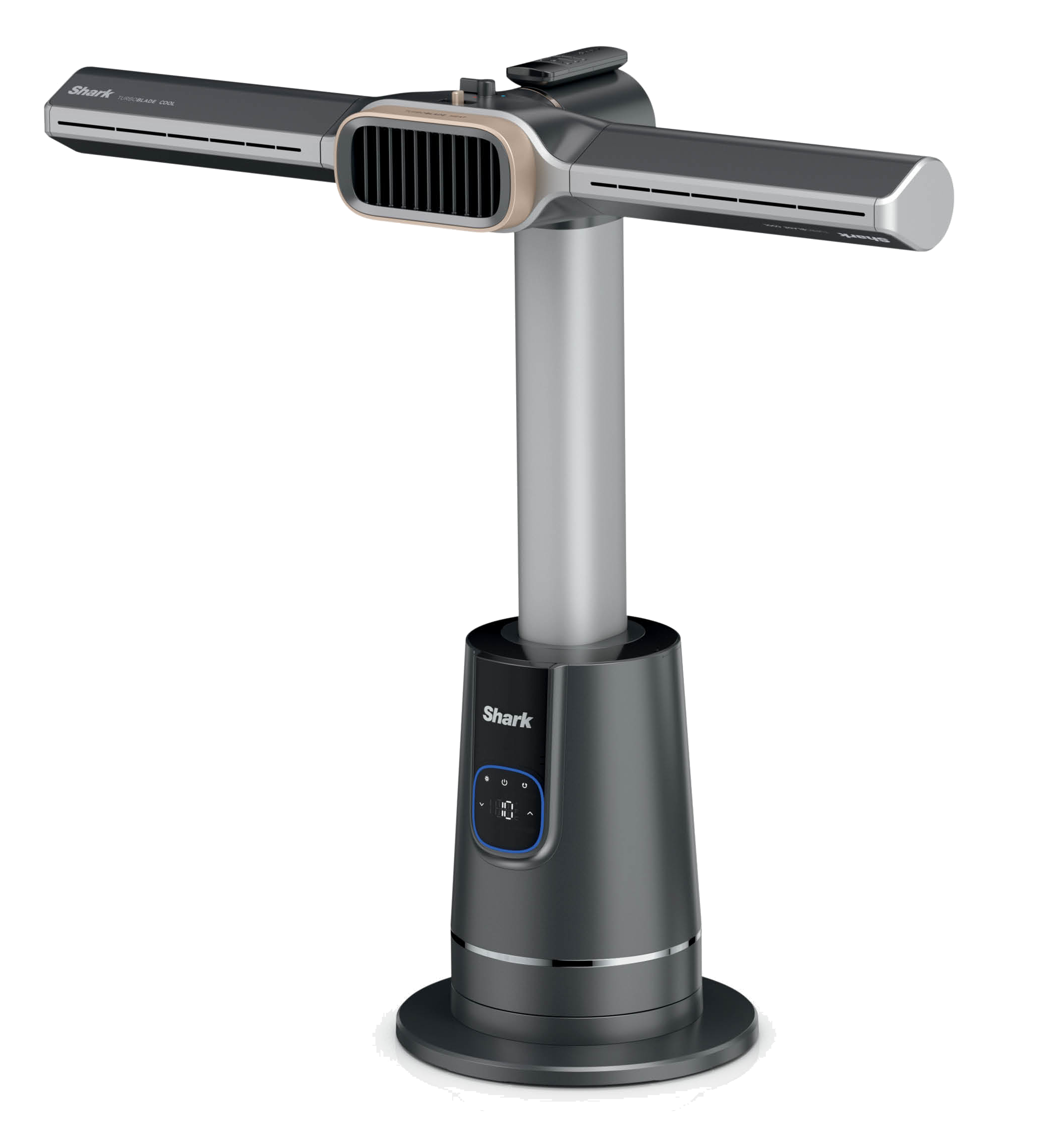 Ein dunkelgrauer Shark TurboBlade Cool-Ventilator. Er hat einen Sockel, eine Mittelsäule und zwei horizontale Flügel. Oben befindet sich eine Fernbedienung.