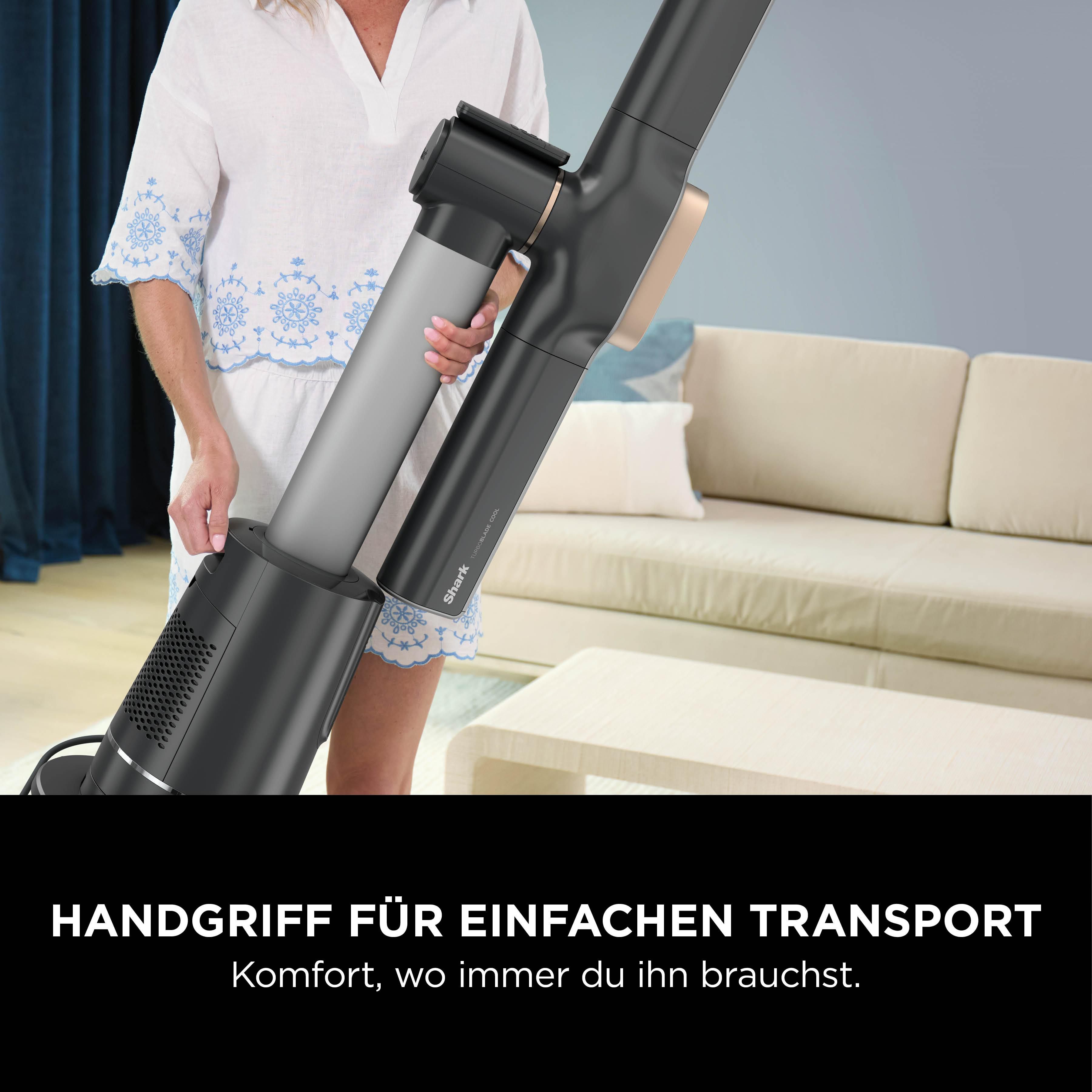 Eine Person hält einen schwarzen Staubsauger mit silbernem Griff in einem Wohnzimmer. Text unten.