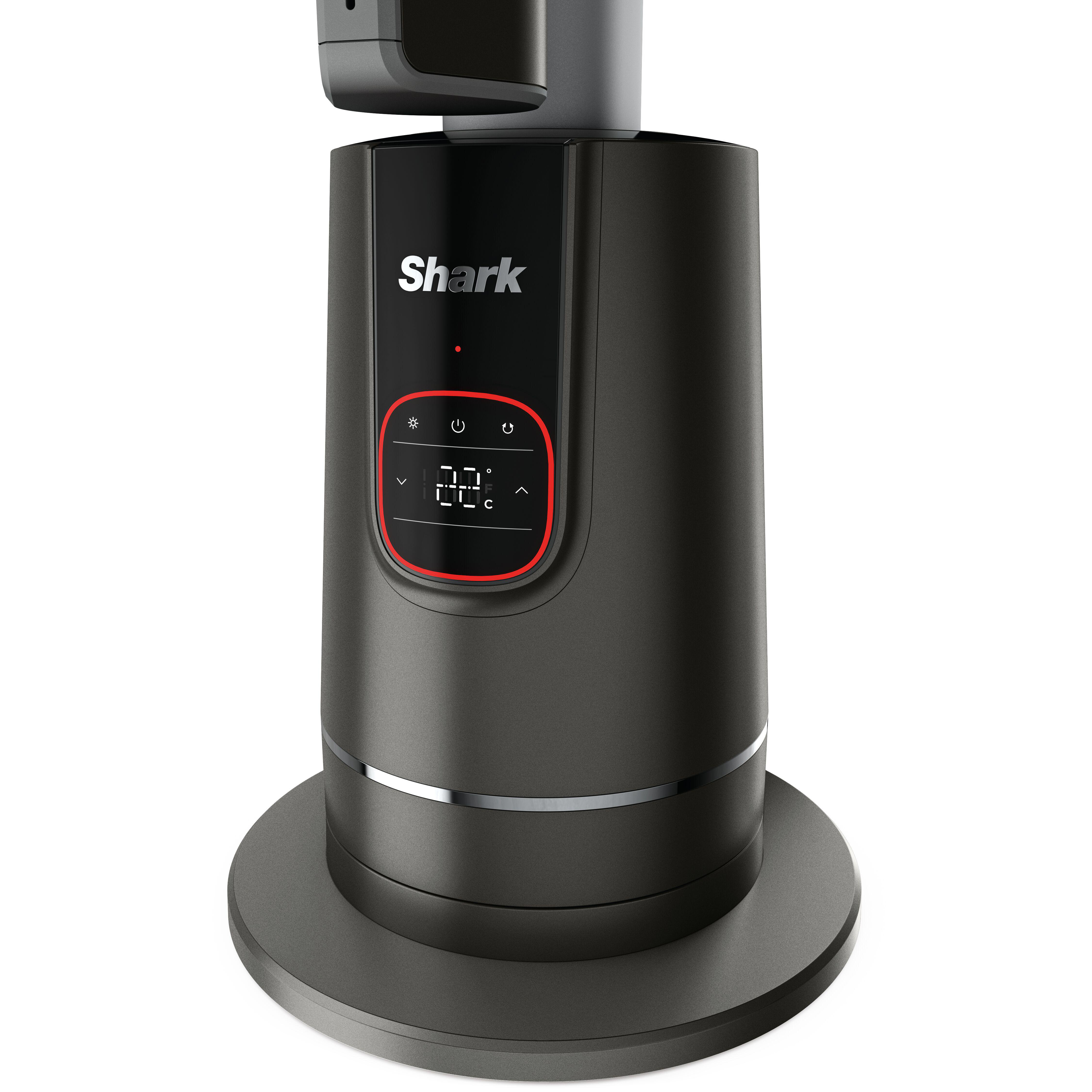 Ein dunkelgrauer Shark-Ventilator mit einem Bedienfeld, das die Temperatur anzeigt. Der Sockel ist rund.