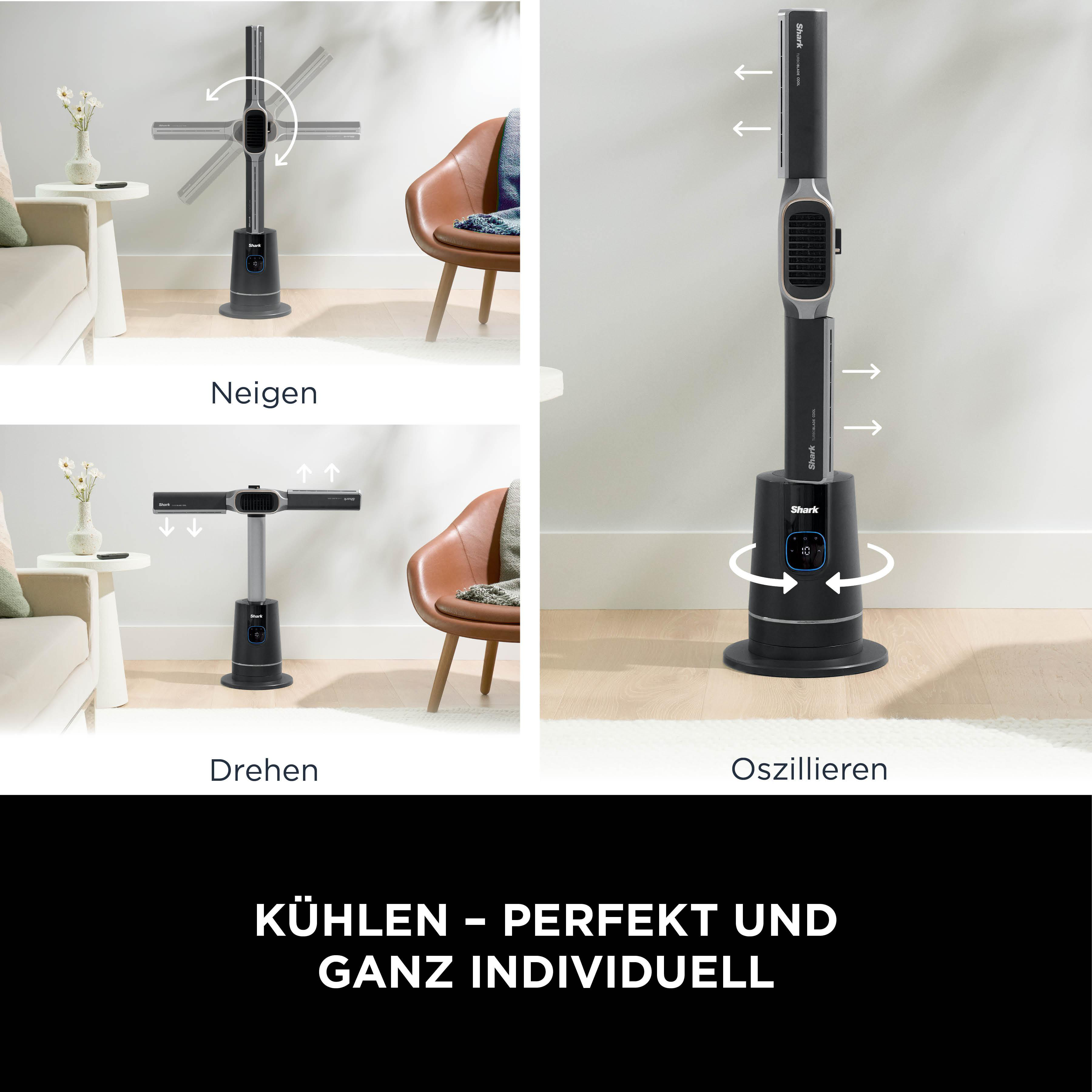 Das Bild zeigt einen schwarz-grauen Shark-Ventilator. Drei Diagramme zeigen die Funktionen Neigen, Drehen und Oszillieren.