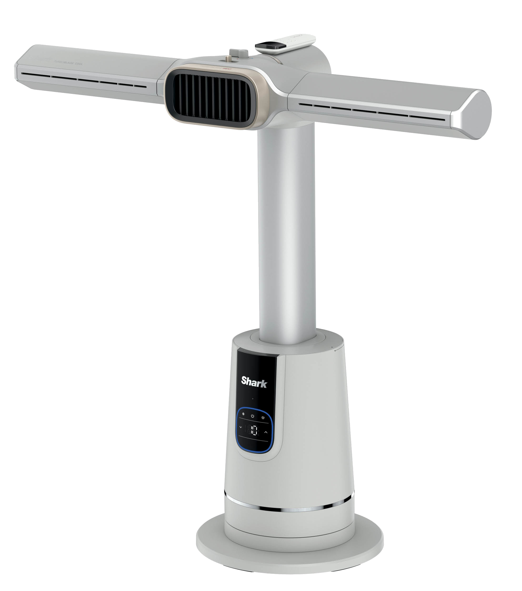 Ein weiß-silberner Shark-Ventilator. Er hat einen vertikalen Ständer, eine kreisförmige Basis und zwei horizontale Flügel mit Luftschlitzen.