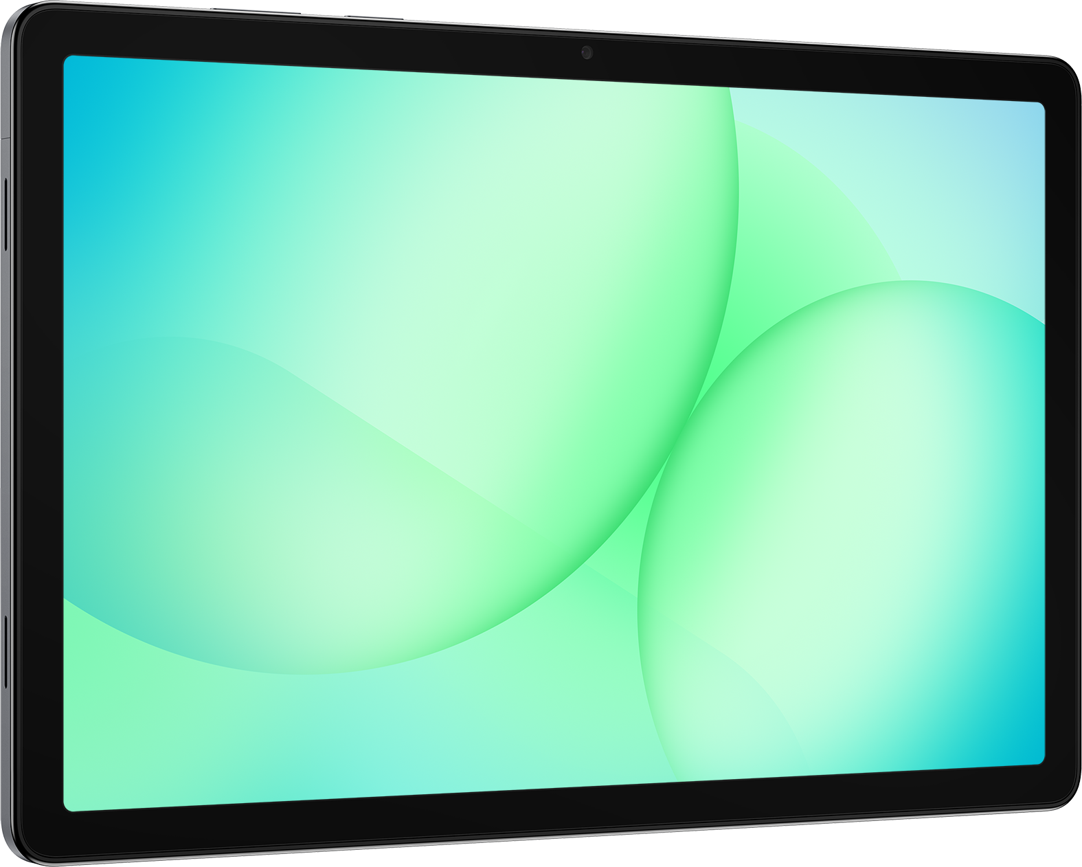 Tablette avec cadre noir et écran affichant des dégradés verts et bleus. Une caméra est visible en haut.