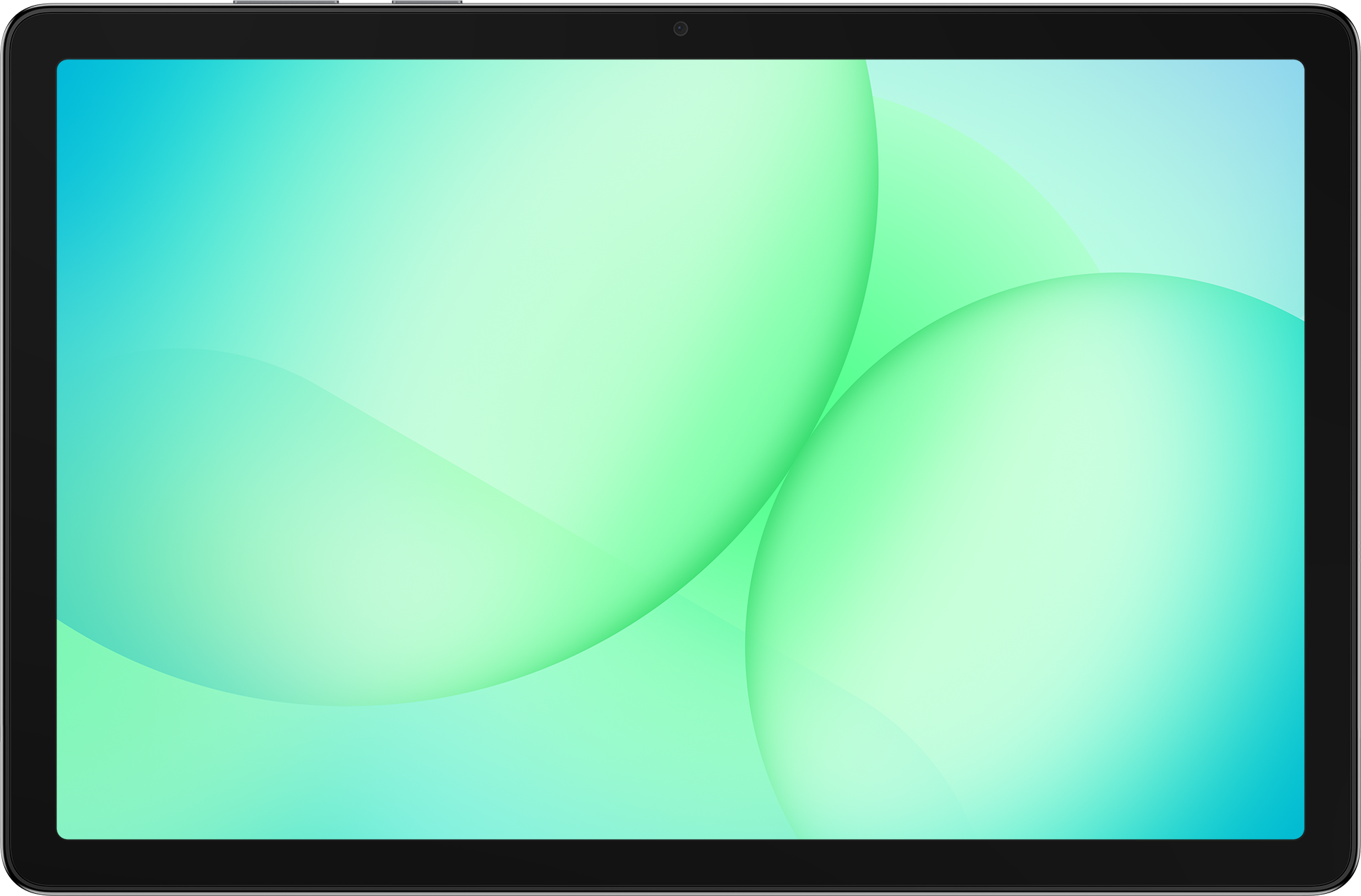 Tablette avec cadre noir. L'écran affiche des formes abstraites vertes et bleues.